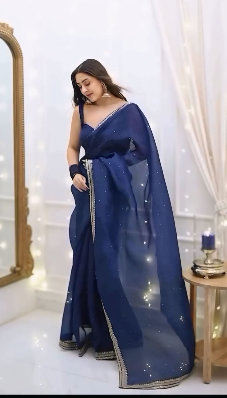 New One Minute Ready To Wear Pure Soft Organza Silk Saree With Beautiful Diamond Work On Full Body And Beautiful Embroidery Lace Border with Same Unstiched Blouse Piece