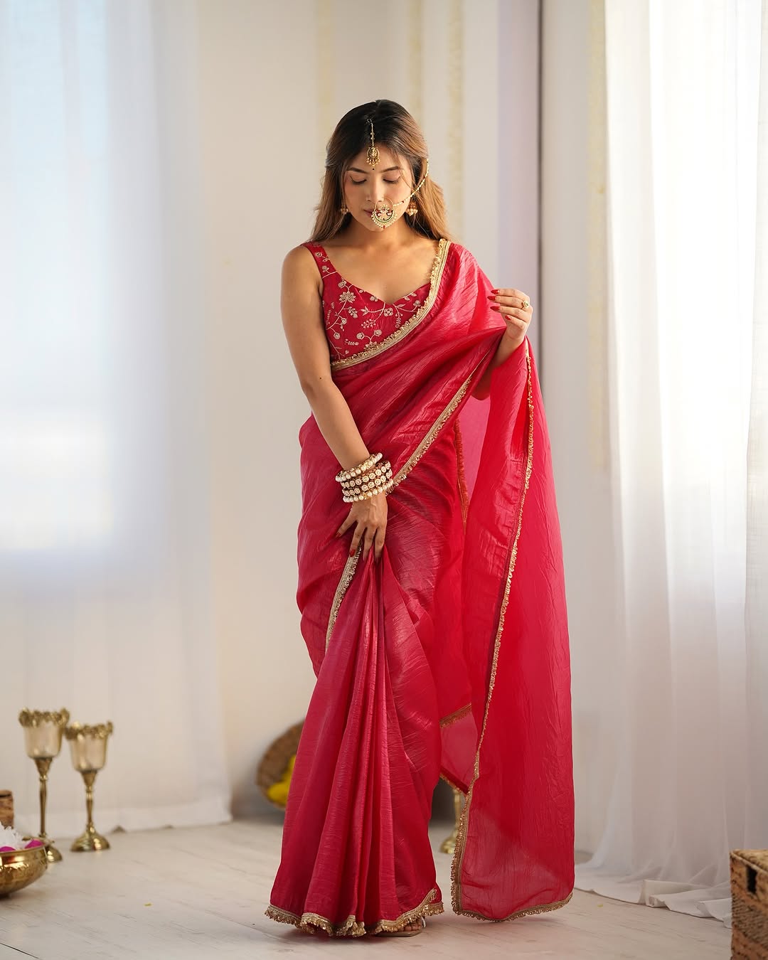 New One Minute Ready To Wear Pure Soft Gold Crush Silk Pink Saree With Beautiful Gold Colour Lace Border With Same Design Full Stiched Blouse