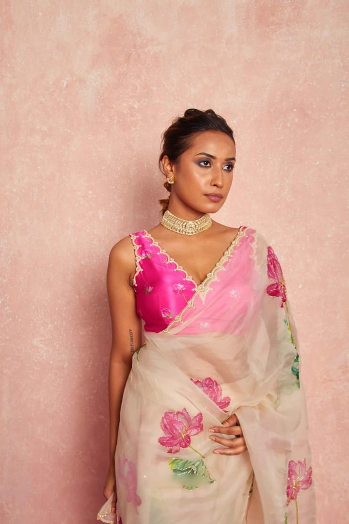 One Minute Ready To Wear Pure Soft Organza Silk Saree With Moti and Val Work With Same Handworked Stiched Blouse