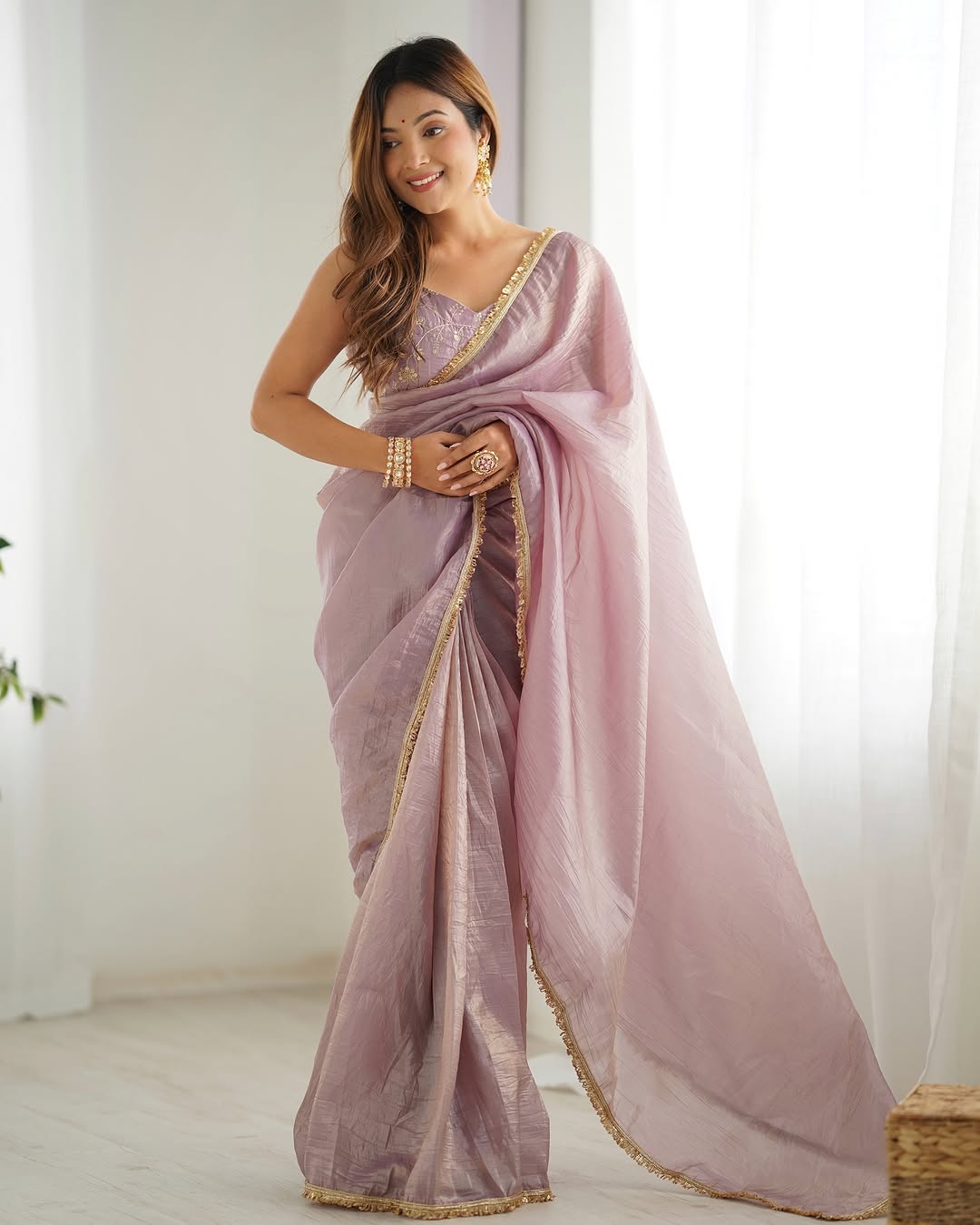 New One Minute Ready To Wear Pure Soft Gold Crush Silk Onion Pink Saree With Beautiful Gold Colour Lace Border With Same Design Full Stiched Blouse