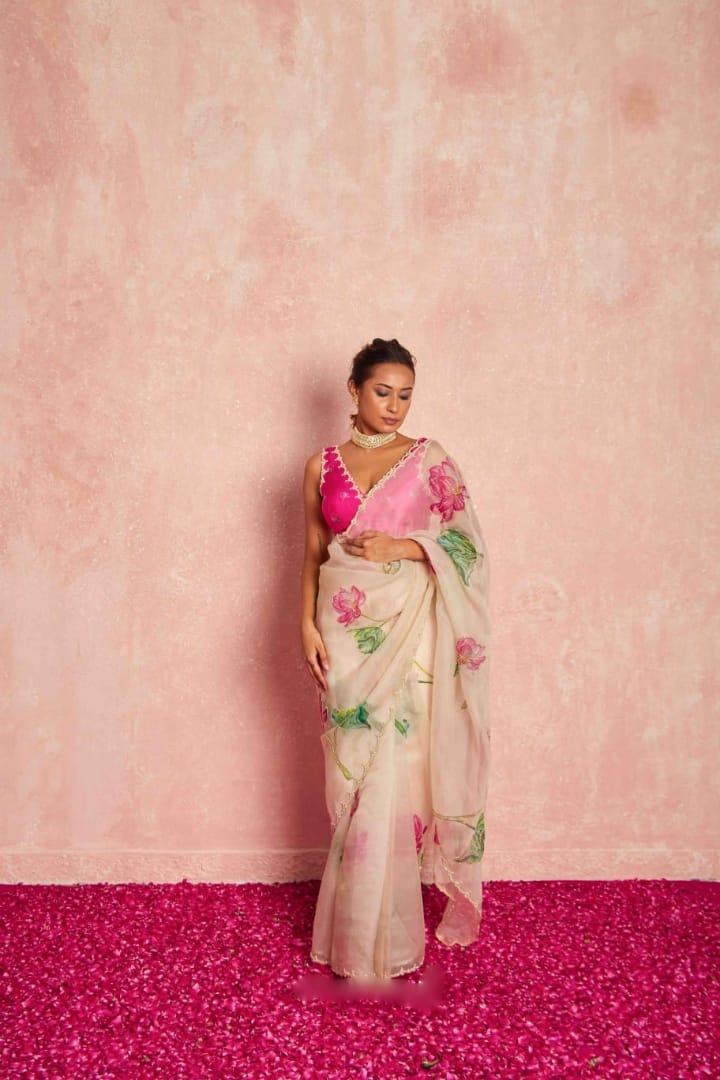 One Minute Ready To Wear Pure Soft Organza Silk Saree With Moti and Val Work With Same Handworked Stiched Blouse