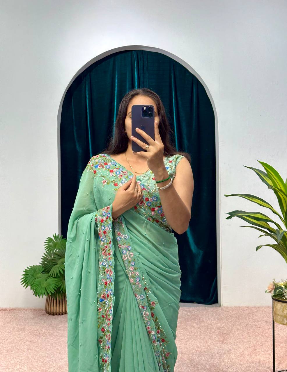 New Primiume Quality Faux Georgette Embroidered Work Cut and Hand Work Border Saree