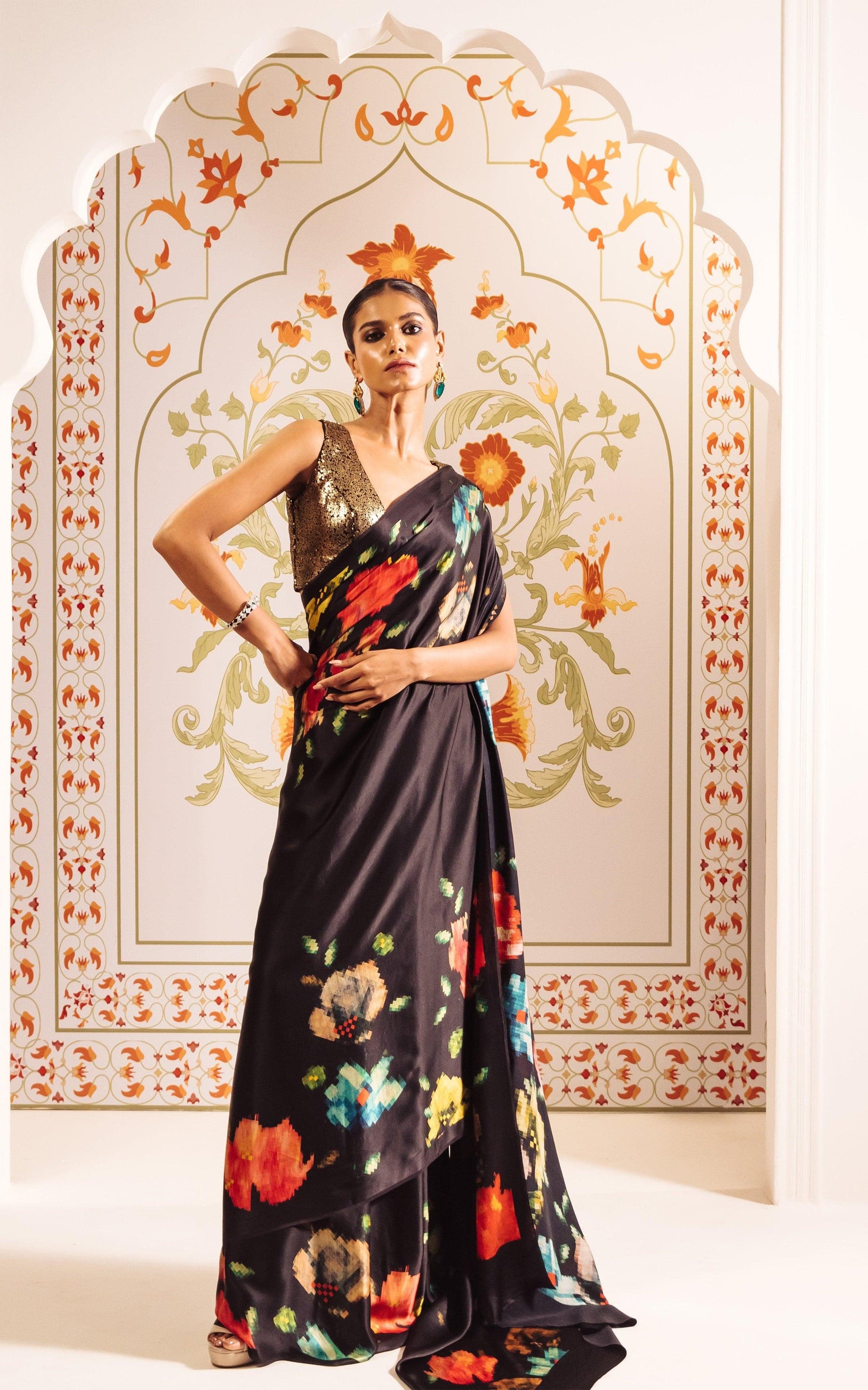 New Premium Japan Satin Designer Black Saree With Unstiched Blouse