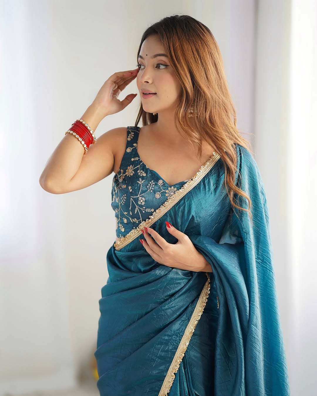 New One Minute Ready To Wear Pure Soft Gold Crush Silk Blue Saree With Beautiful Gold Colour Lace Border With Same Design Full Stiched Blouse