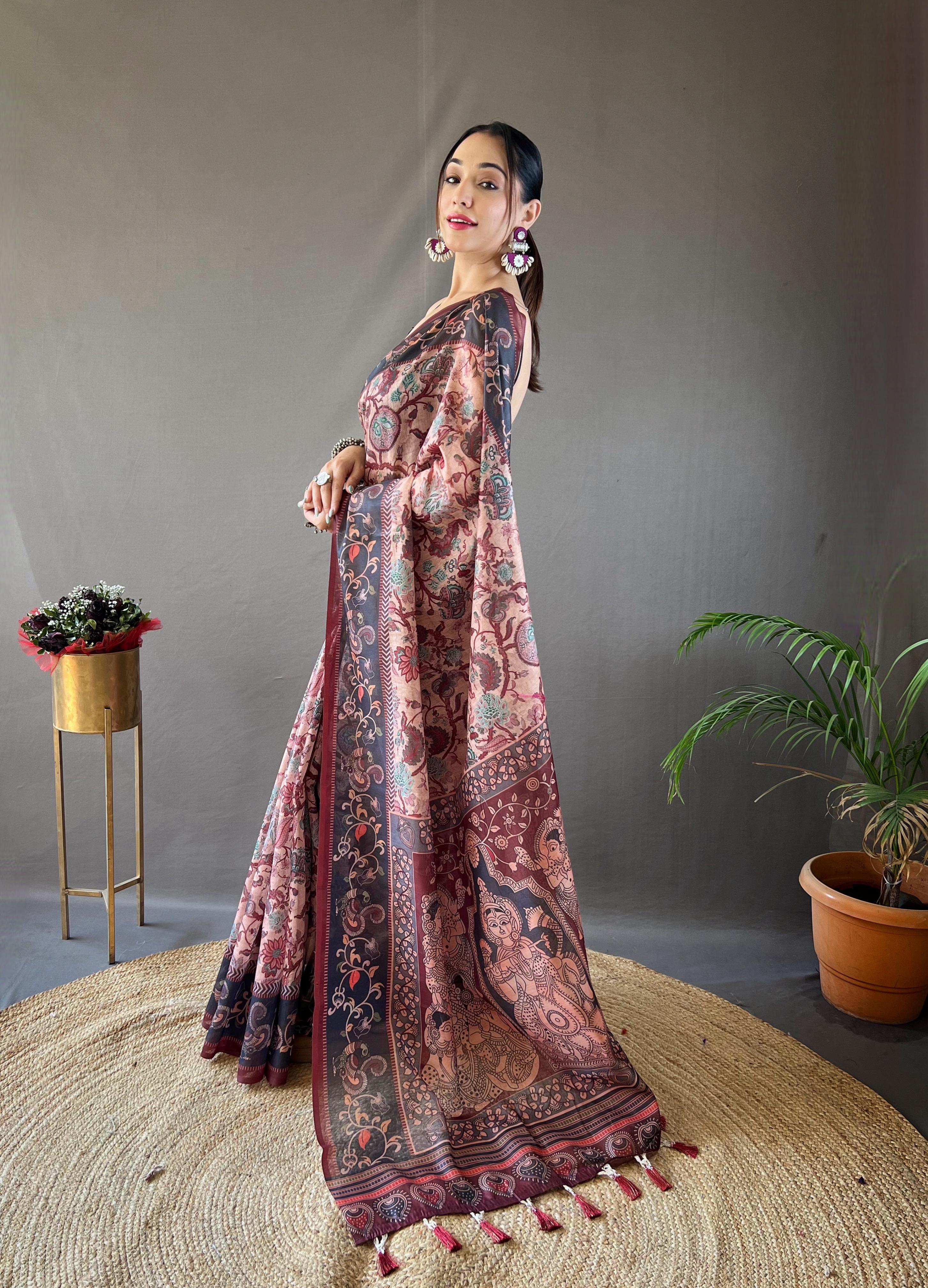 New Designer Soft Cotton Saree With Hand Picked Kalamkari Prints With Contrast Unstiched Blouse Piece - Pastel Orange