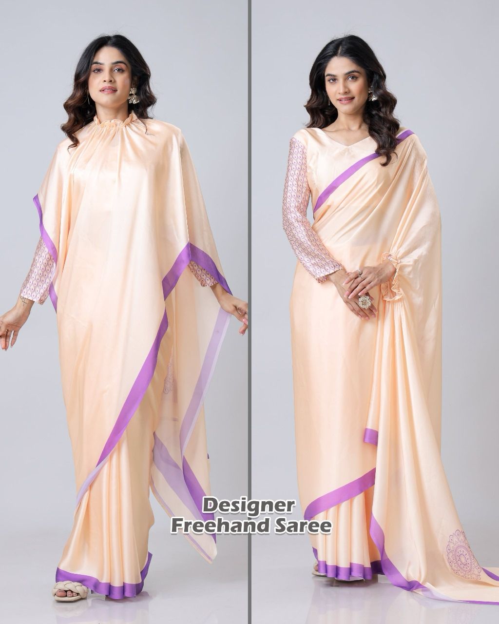 New One Minute Ready To Wear  Heavy Crepe Silk  Free Hand Saree With Beautiful Digital Printed With Running Crepe Silk Unstiched Blouse Piece