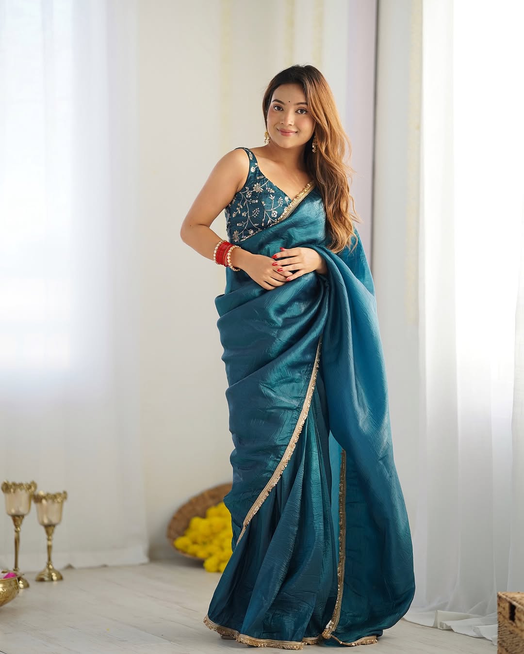 New One Minute Ready To Wear Pure Soft Gold Crush Silk Blue Saree With Beautiful Gold Colour Lace Border With Same Design Full Stiched Blouse