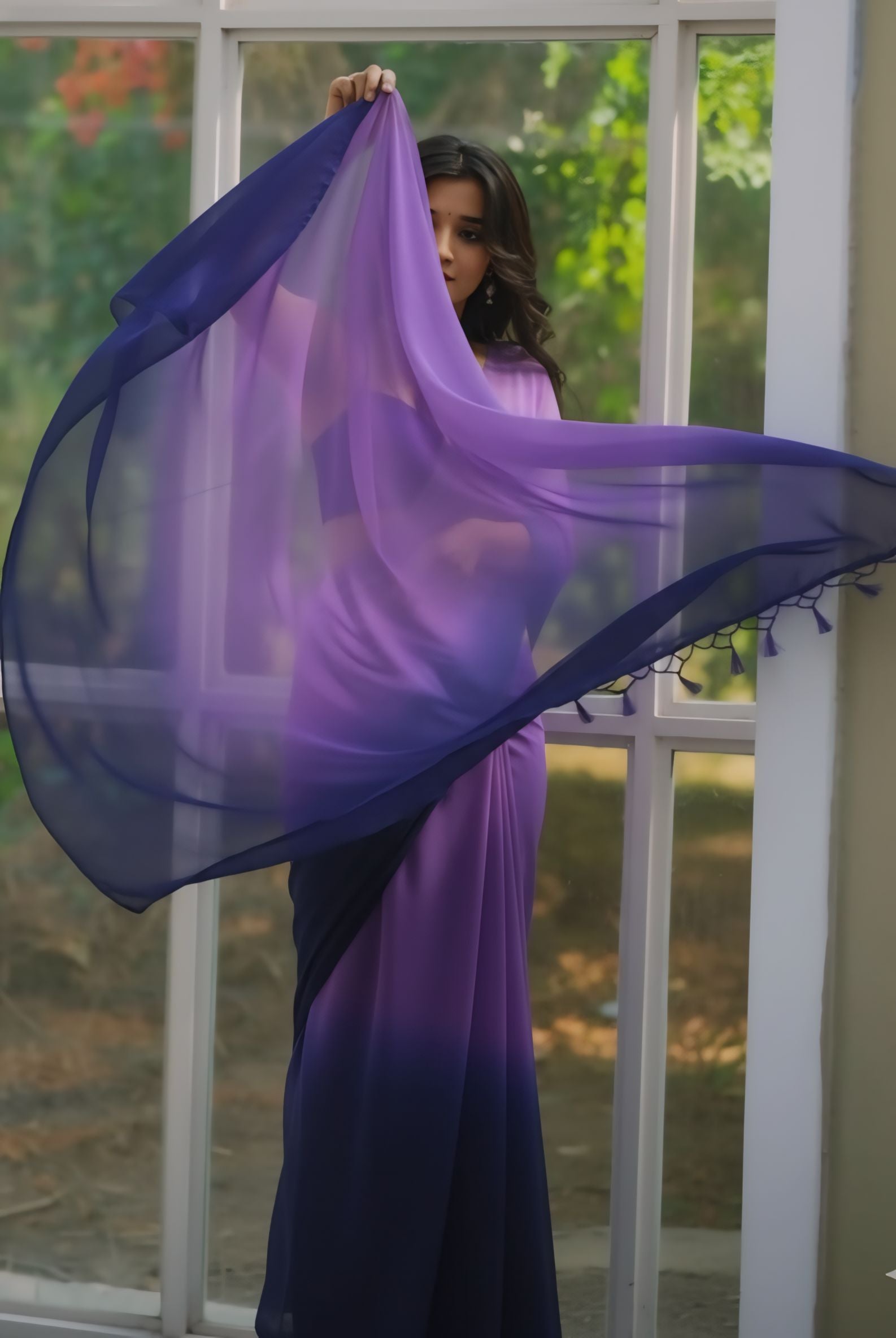 New Beautiful Purple and Navy Blue Ombre Georgette delicate Saree with unstitch Blouse