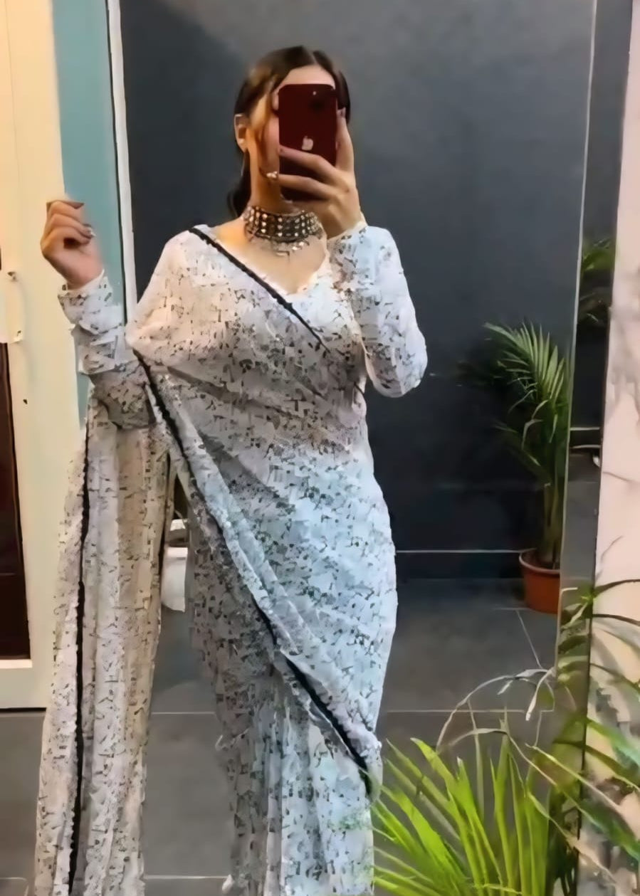 New One Minute Ready To Wear White Pure Soft Georgette Saree With White Unstitched Blouse