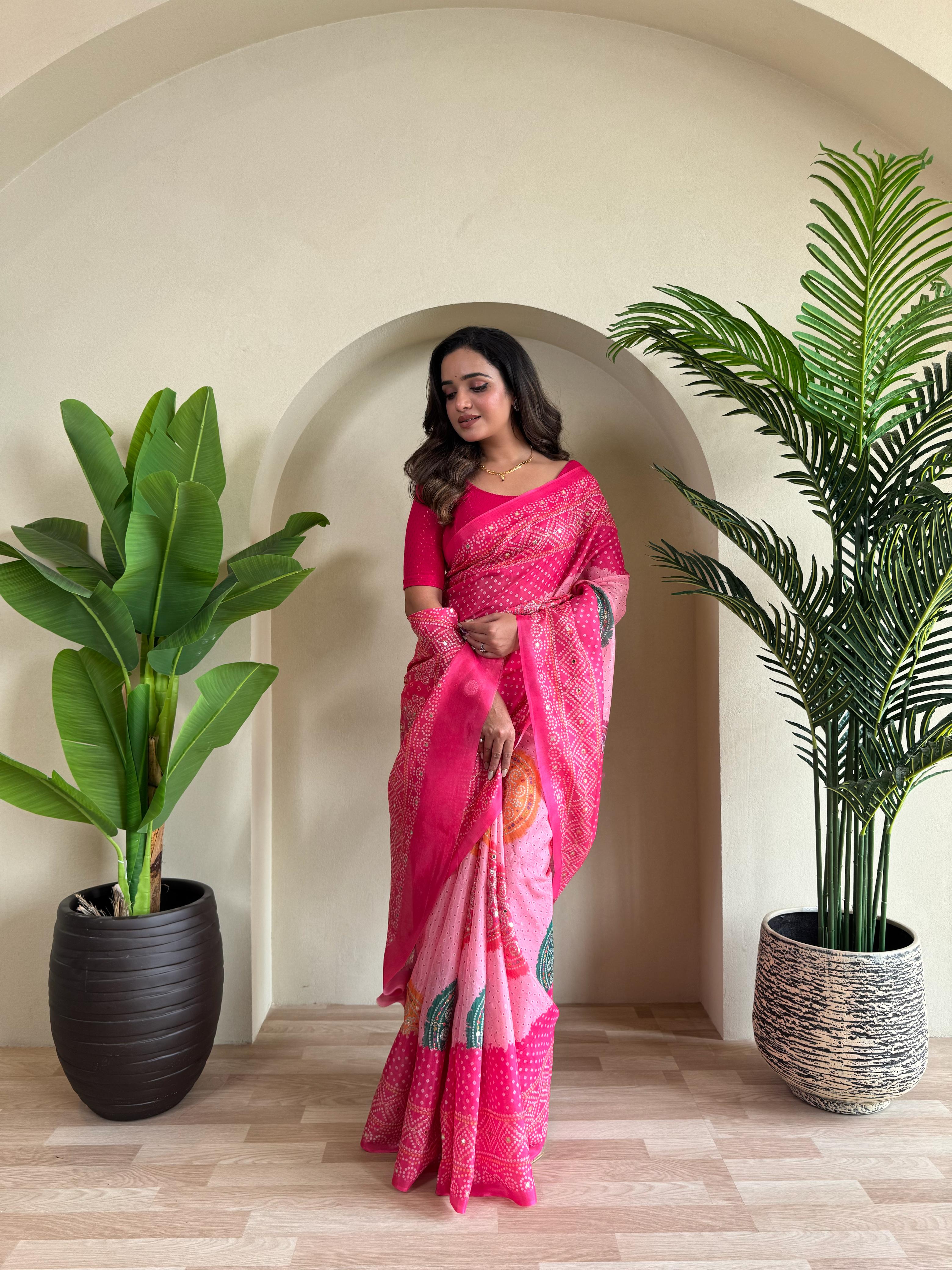 New Designer Tissue Silk Weaving Dual Pink Shade Saree With Contras Printed Embroidery Work Unstiched Blouse Piece