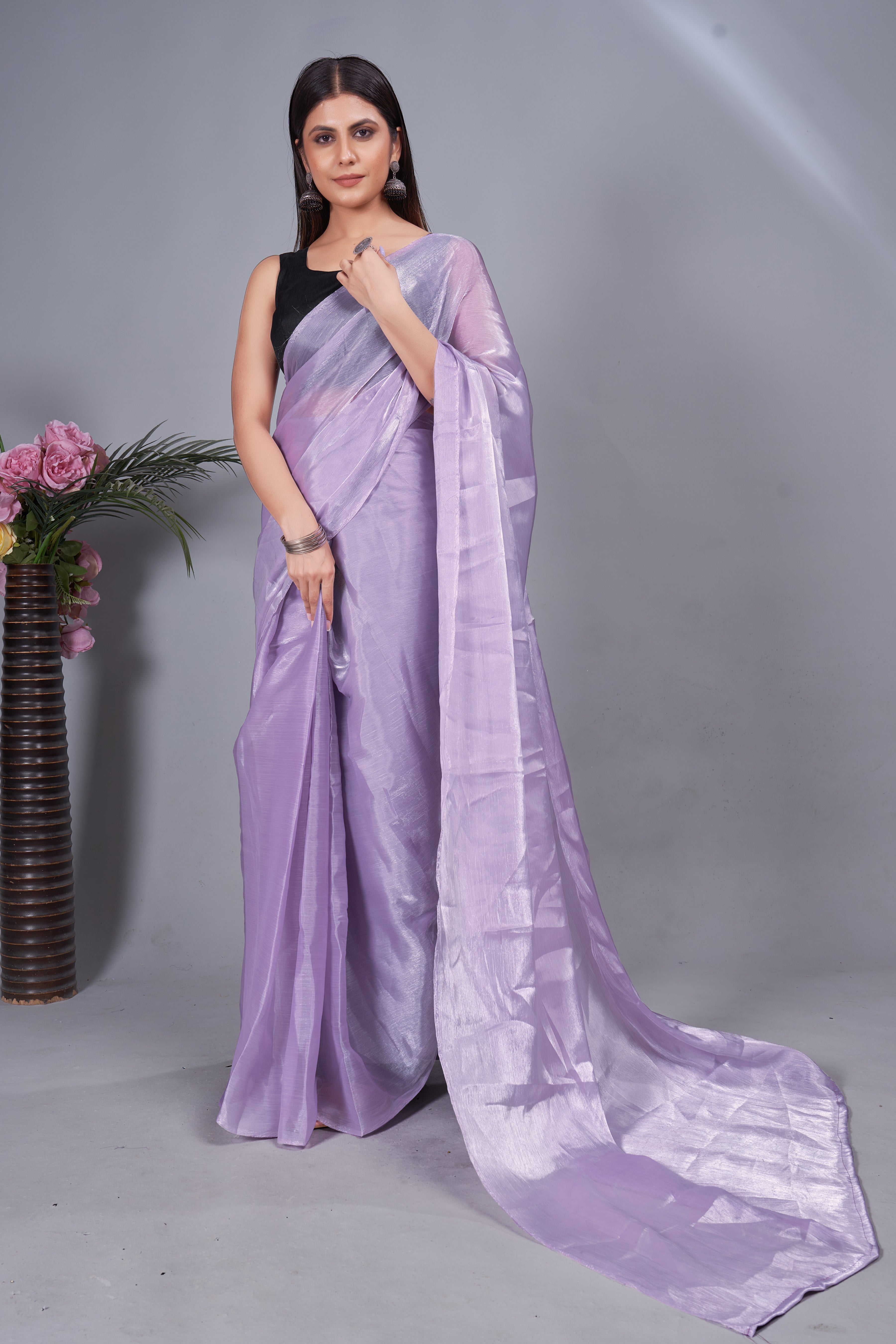 Meera One Minute Ready To Wear Purple Saree With Unstiched Blouse