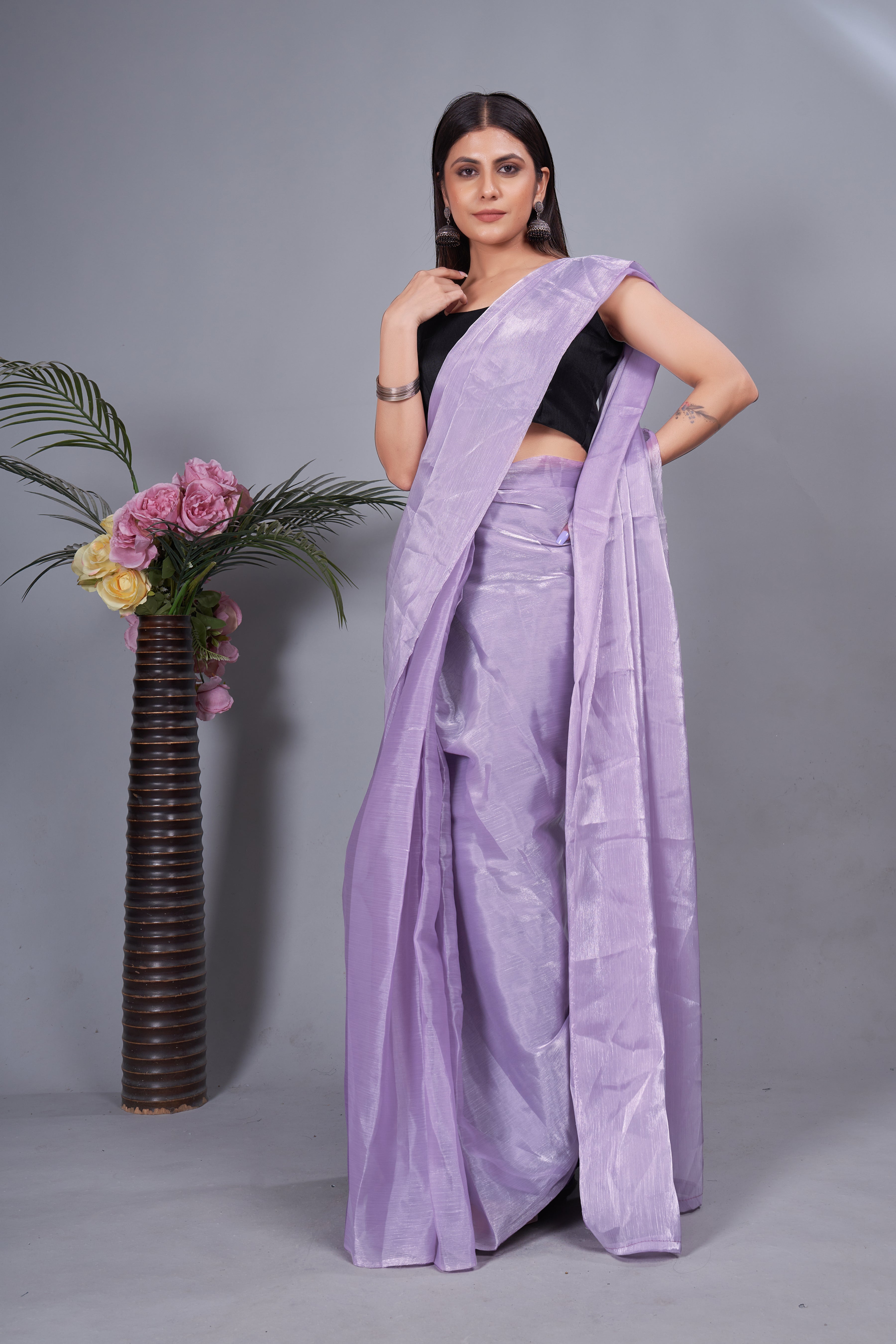 Meera One Minute Ready To Wear Purple Saree With Unstiched Blouse