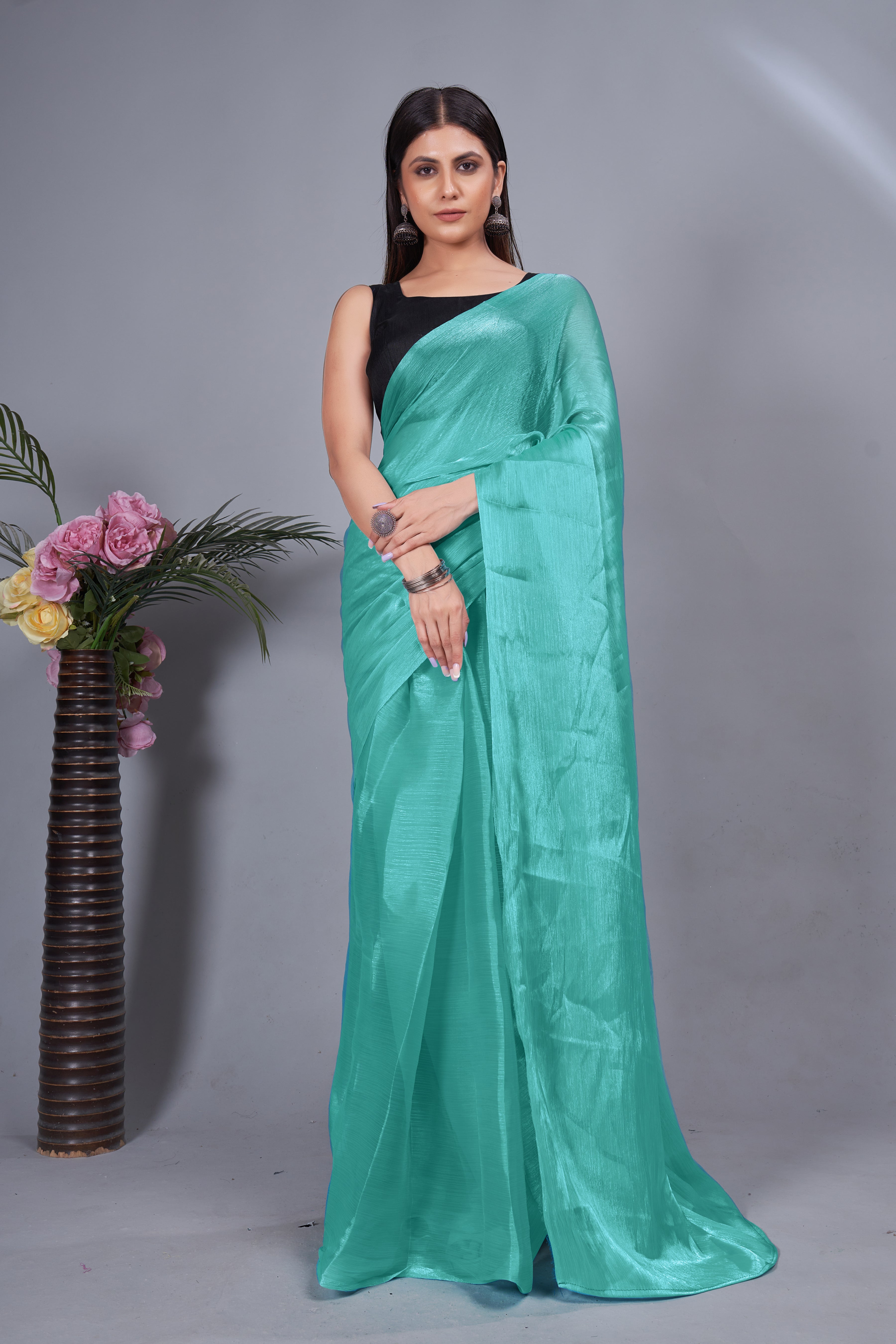 Meera One Minute Ready To Wear Sky Blue Saree With Unstiched Blouse