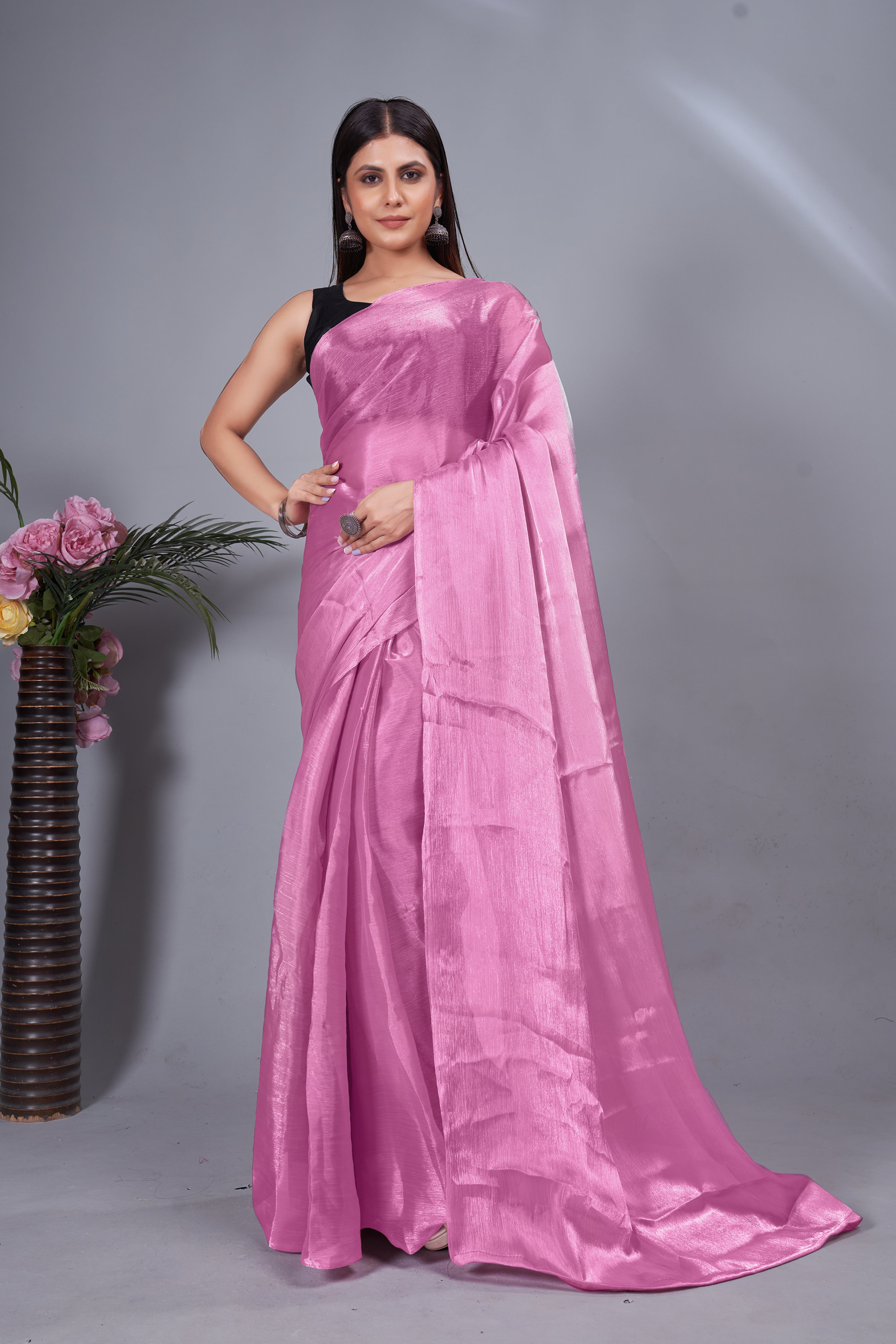 Meera One Minute Ready To Wear Pink Saree With Unstiched Blouse