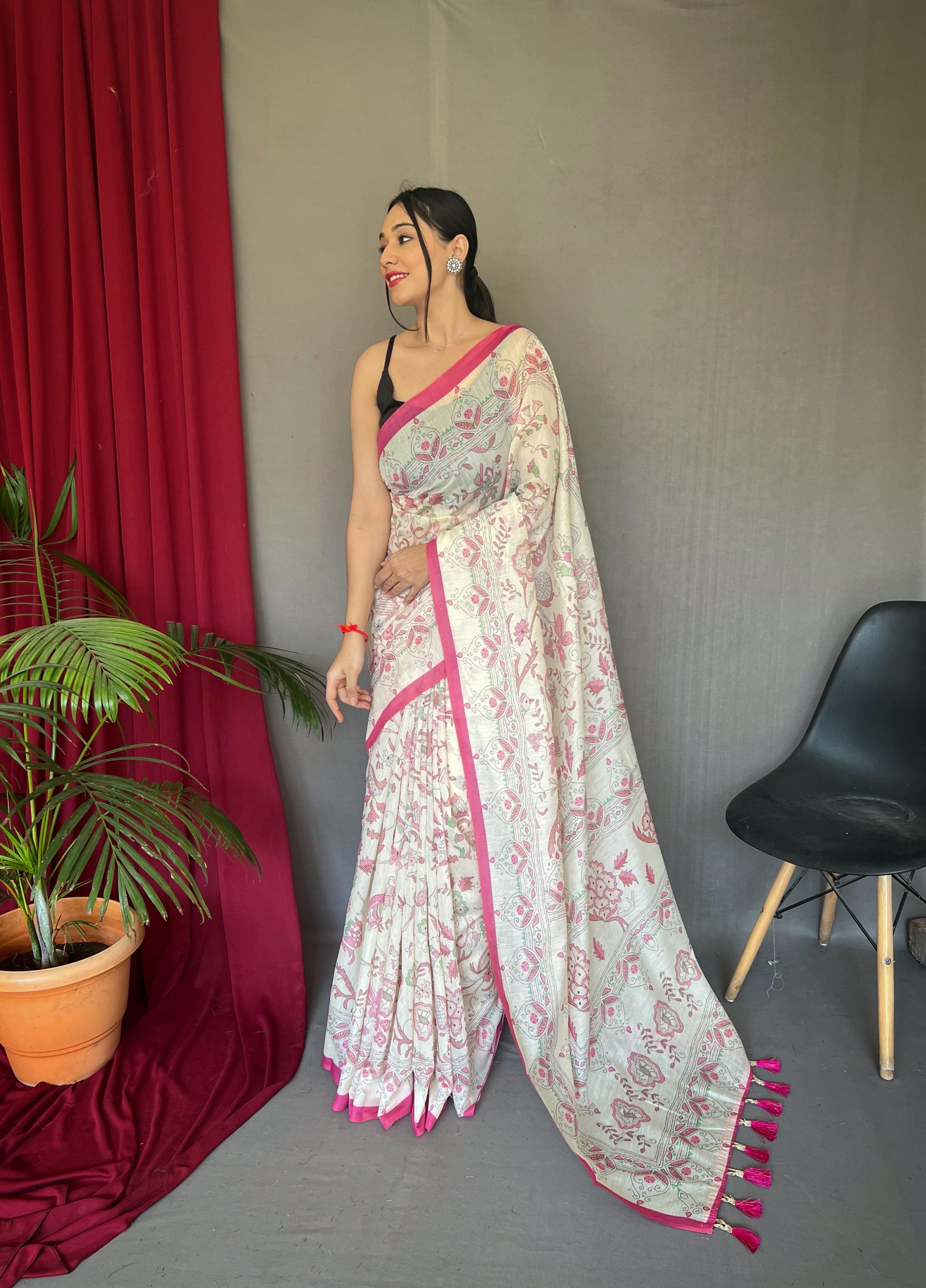 New Designer Pure Soft Malai Cotton Katha Printed Saree With Contrast Border And Printed Unstiched Blouse Piece - Pink