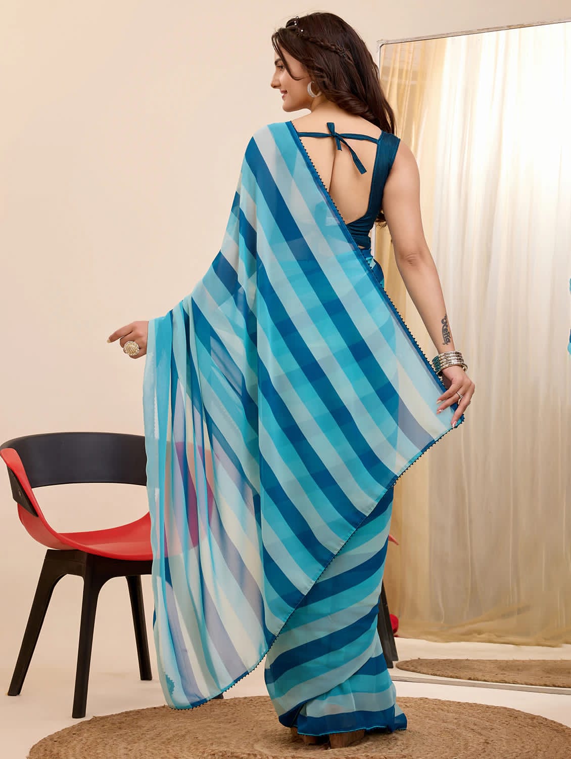 New One Minute Ready To Wear Blue Colour Pure Soft Georgette Saree With Blue Unstitched Blouse