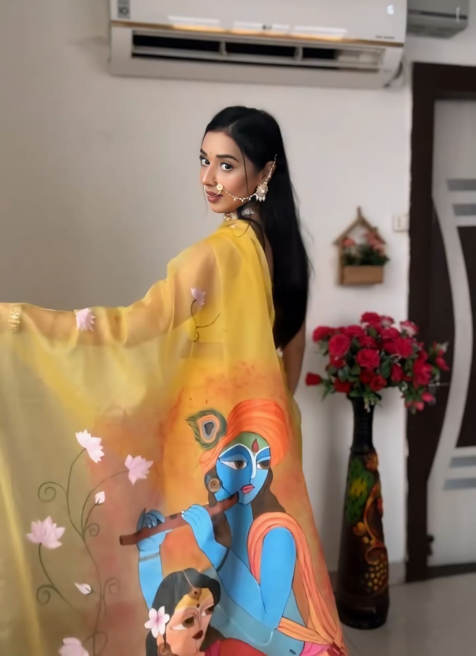 New One Minute Ready To Wear Radha Krishna Designed Pure Soft Organza Saree With Yellow Unstiched Blouse Piece