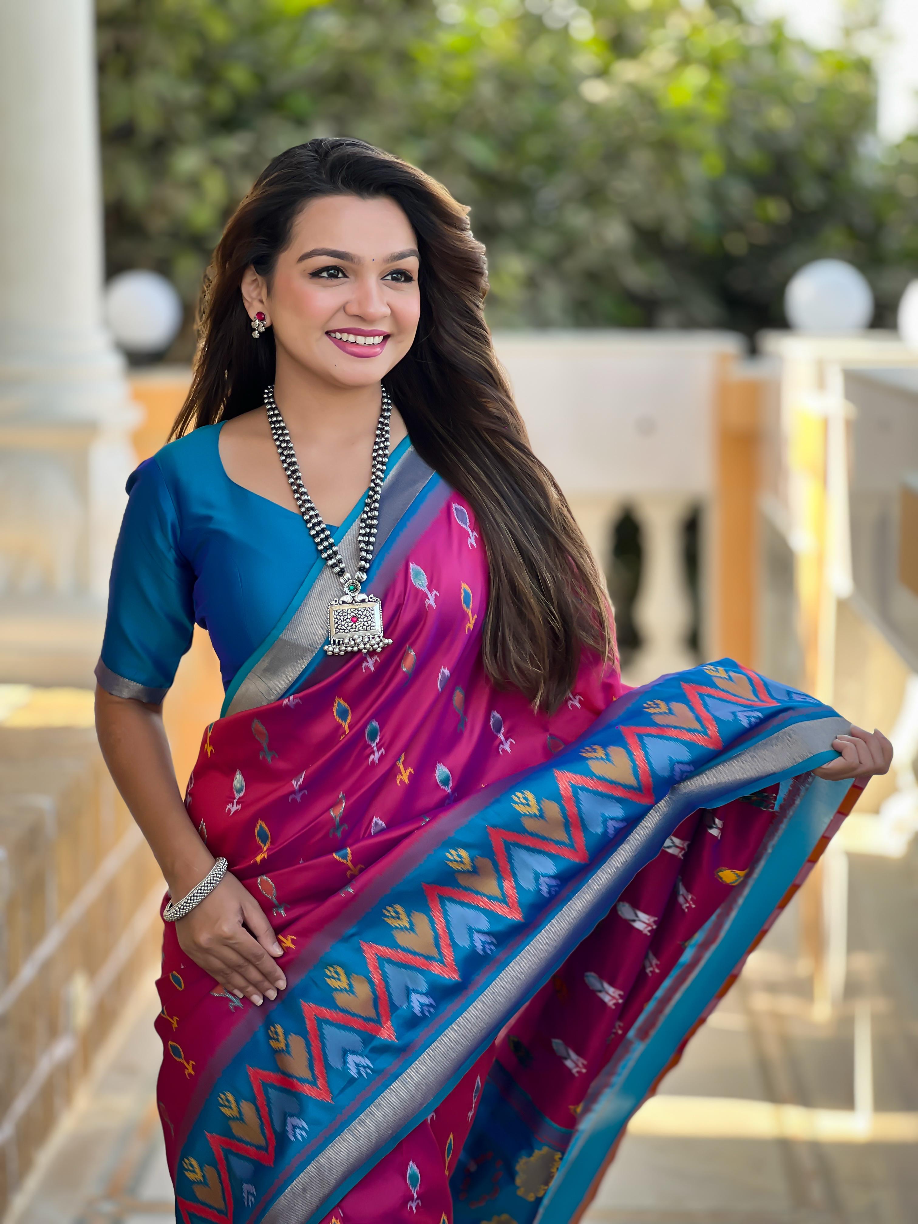 New Designer Ikkat And Patola Weaving Concept Violete Silk Saree With Contrast Rich Pallu And Unstiched Blouse Piece