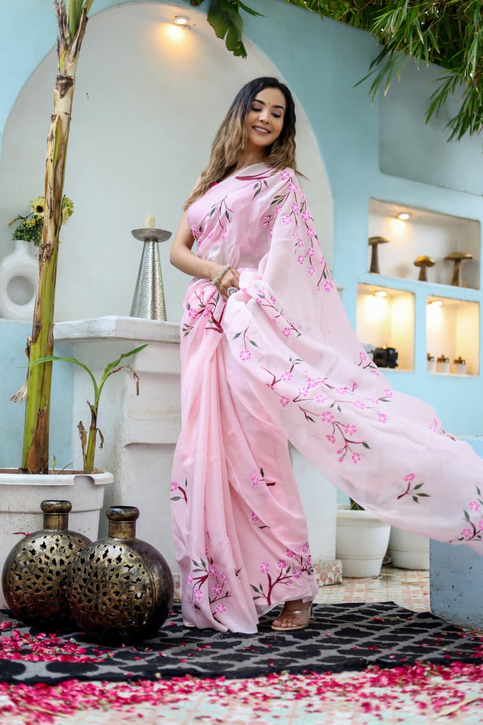 New One Minute Ready To Wear Pink Colour Pure Soft Georgette Multi Colour Flowered Design Saree With Pink Unstitched Blouse
