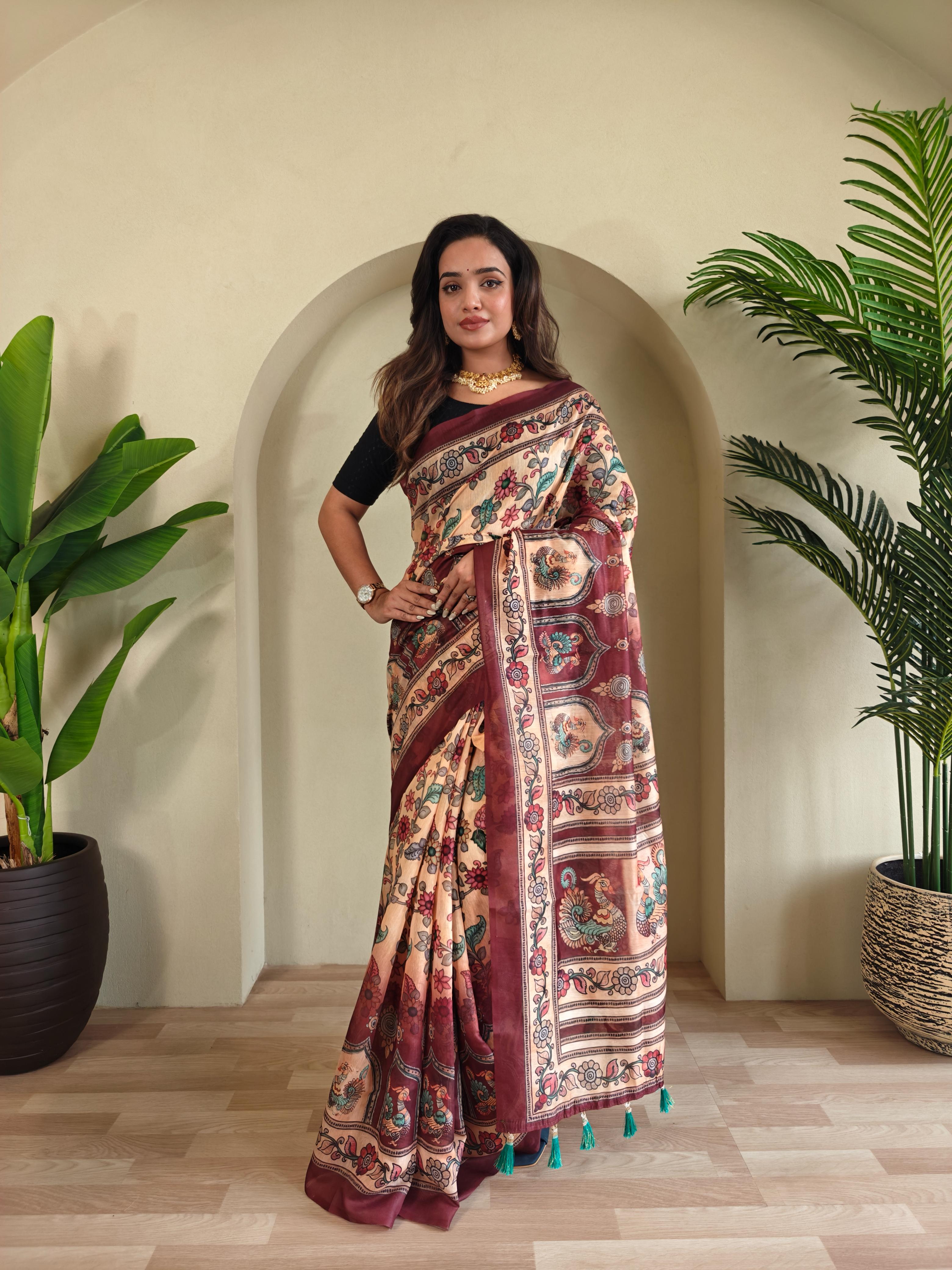 New Designer Pure Malai Cotton Saree With Elephant  Kalamkari Pattern Along With Contras Big Pallu With Tussels - Cream