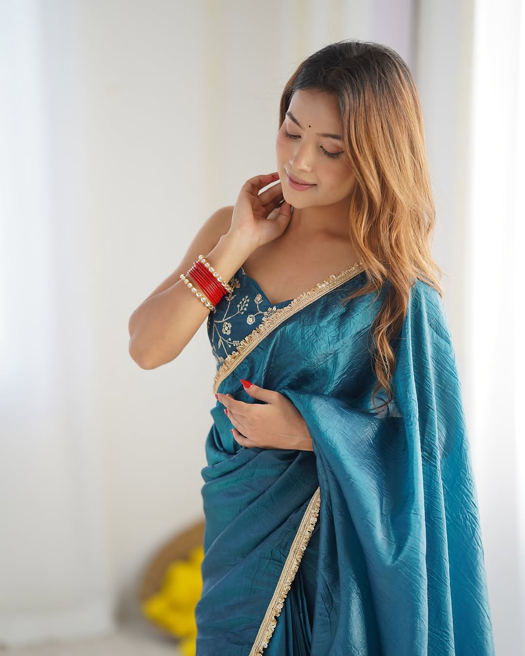 New One Minute Ready To Wear Pure Soft Gold Crush Silk Blue Saree With Beautiful Gold Colour Lace Border With Same Design Full Stiched Blouse