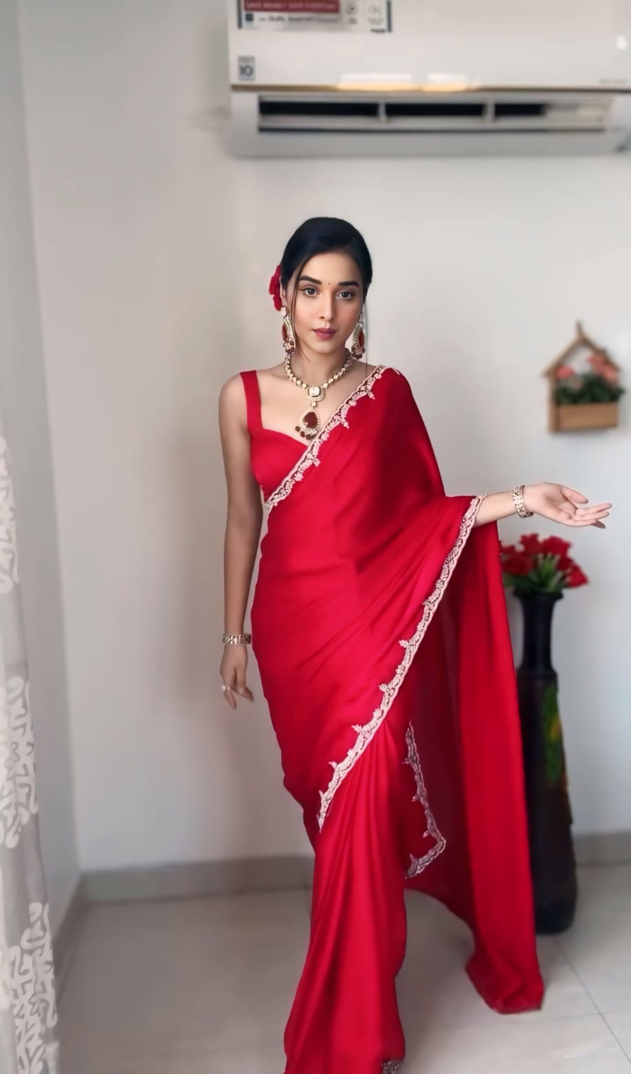 One Minute Ready To Wear Blazing Beauty The Art of the Red Saree with Stitch Blouse