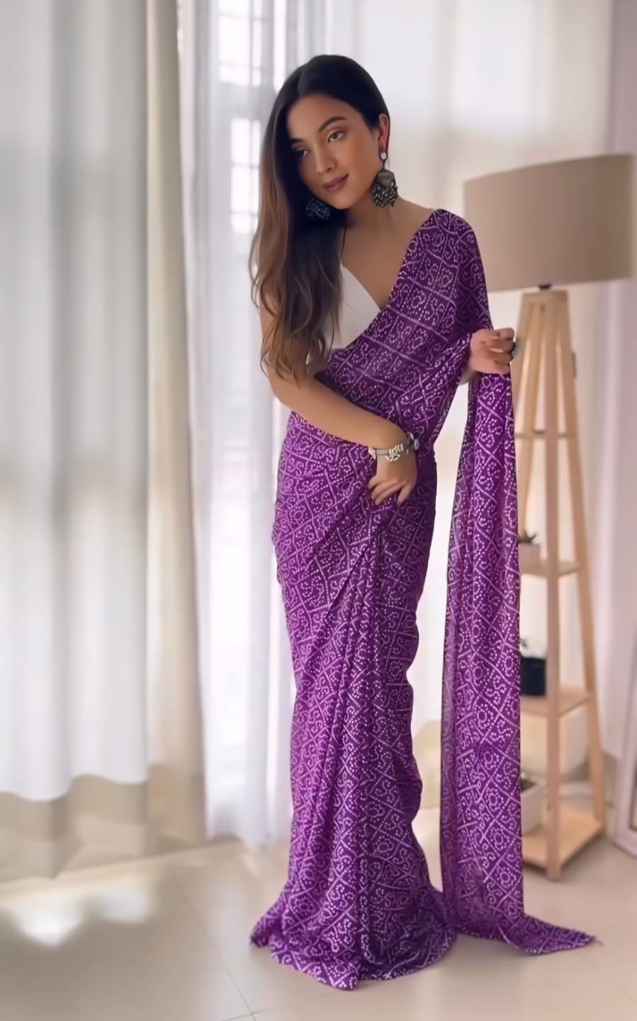 New One Minute Ready To Wear Pure Soft Georgette Silk Bandhani Designed Purple Saree With Same Model  Unstiched Blouse Piece