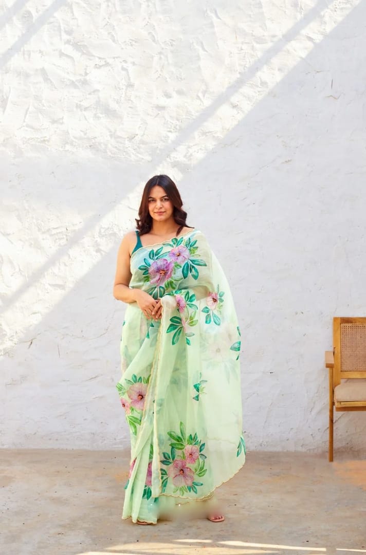 One Minute Ready To Wear Pure Soft Organza Silk Pastel Green Saree With Moti and Val Work With Same Handworked Stiched Blouse