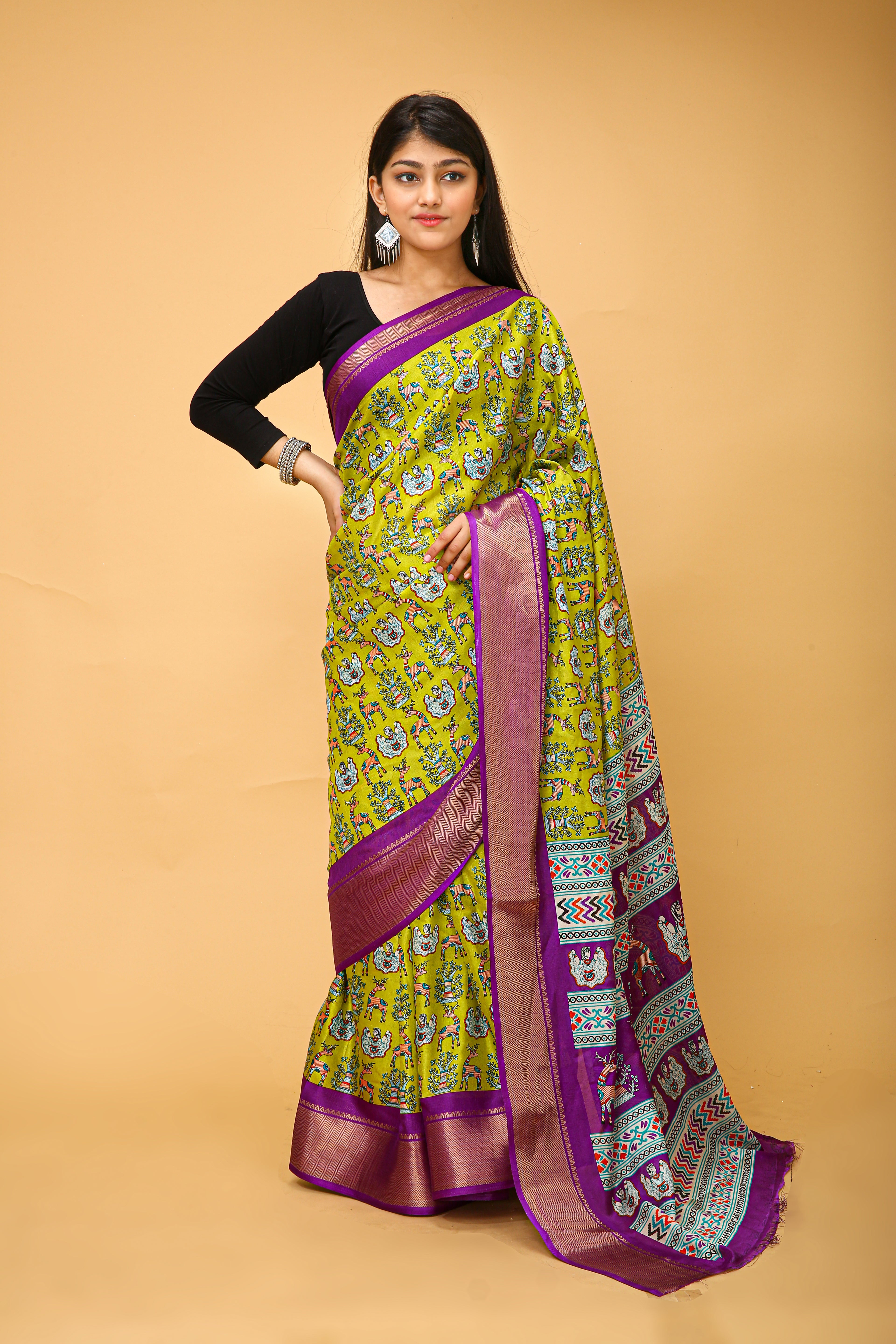 New Fancy Kalamkari Print And Jecard Kanjivaram Zari Border Soft Cotton Lemon Yellow Saree With Unstiched Blouse