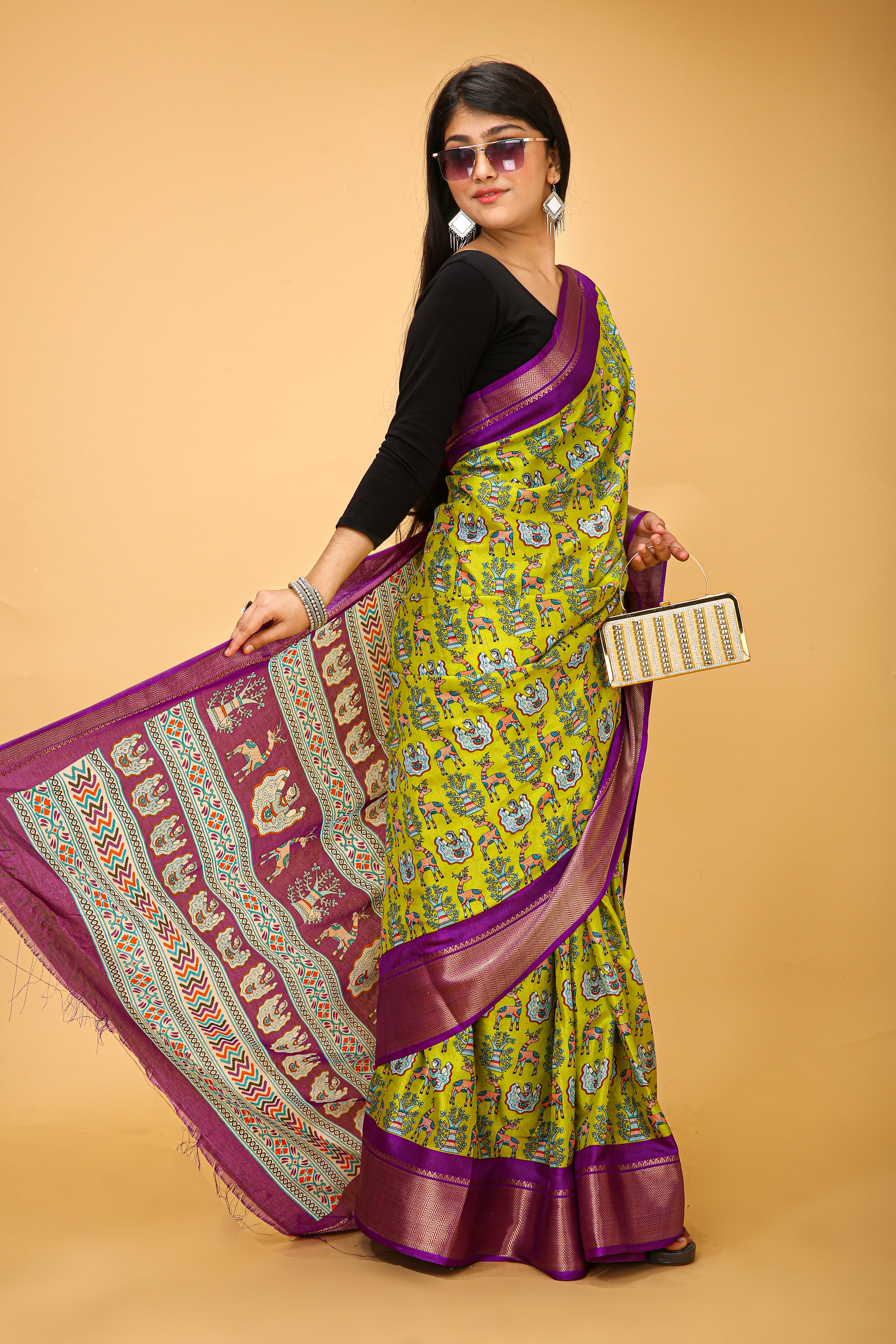 New Fancy Kalamkari Print And Jecard Kanjivaram Zari Border Soft Cotton Lemon Yellow Saree With Unstiched Blouse