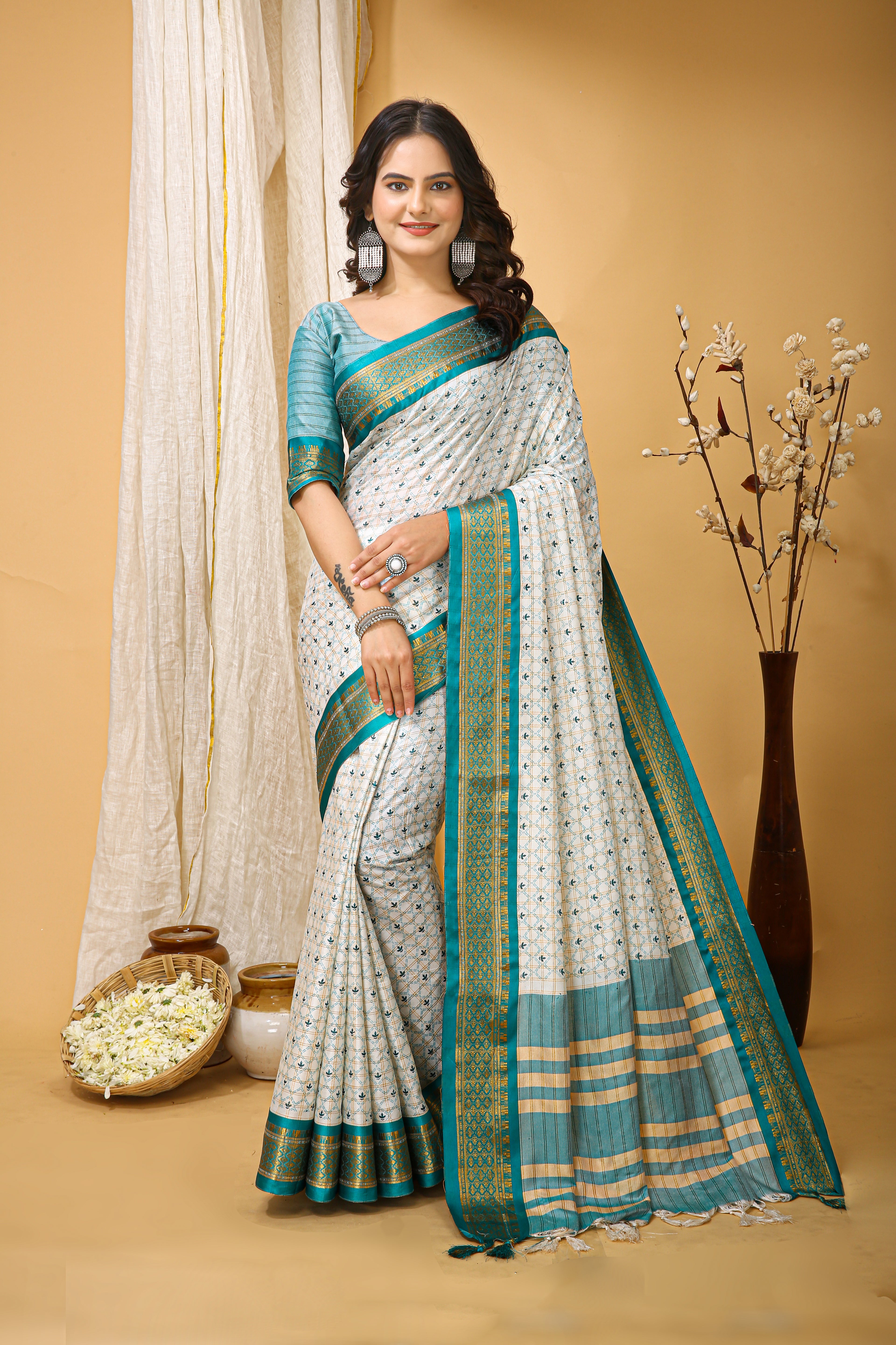 SOFT COTTON SILK CHECKS PRINTED GREEN BODERED SAREE WITH PURE ZARI WORK & BEAUTIFUL JECARD BORDER UNSTICHED BLOUSE