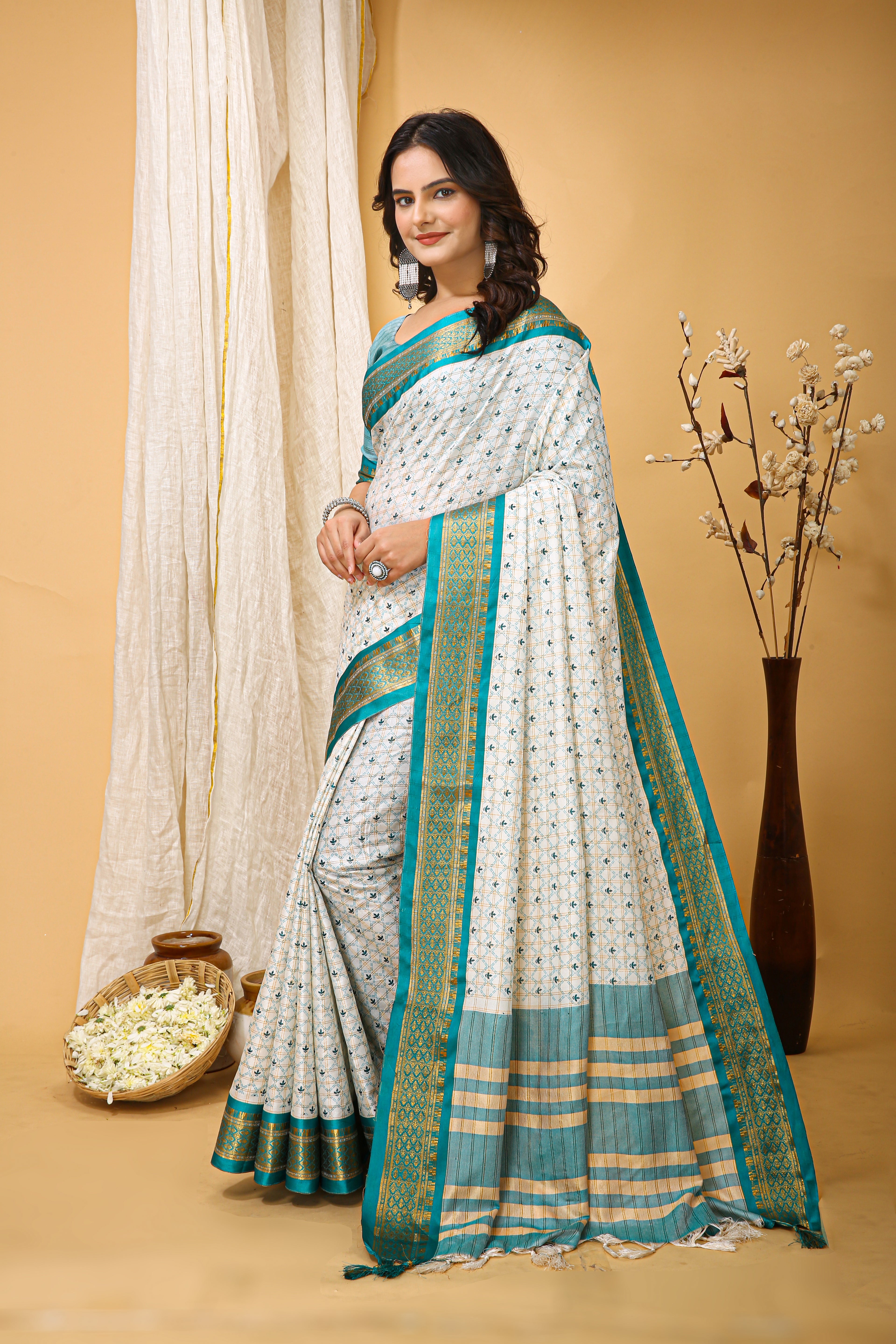 SOFT COTTON SILK CHECKS PRINTED GREEN BODERED SAREE WITH PURE ZARI WORK & BEAUTIFUL JECARD BORDER UNSTICHED BLOUSE