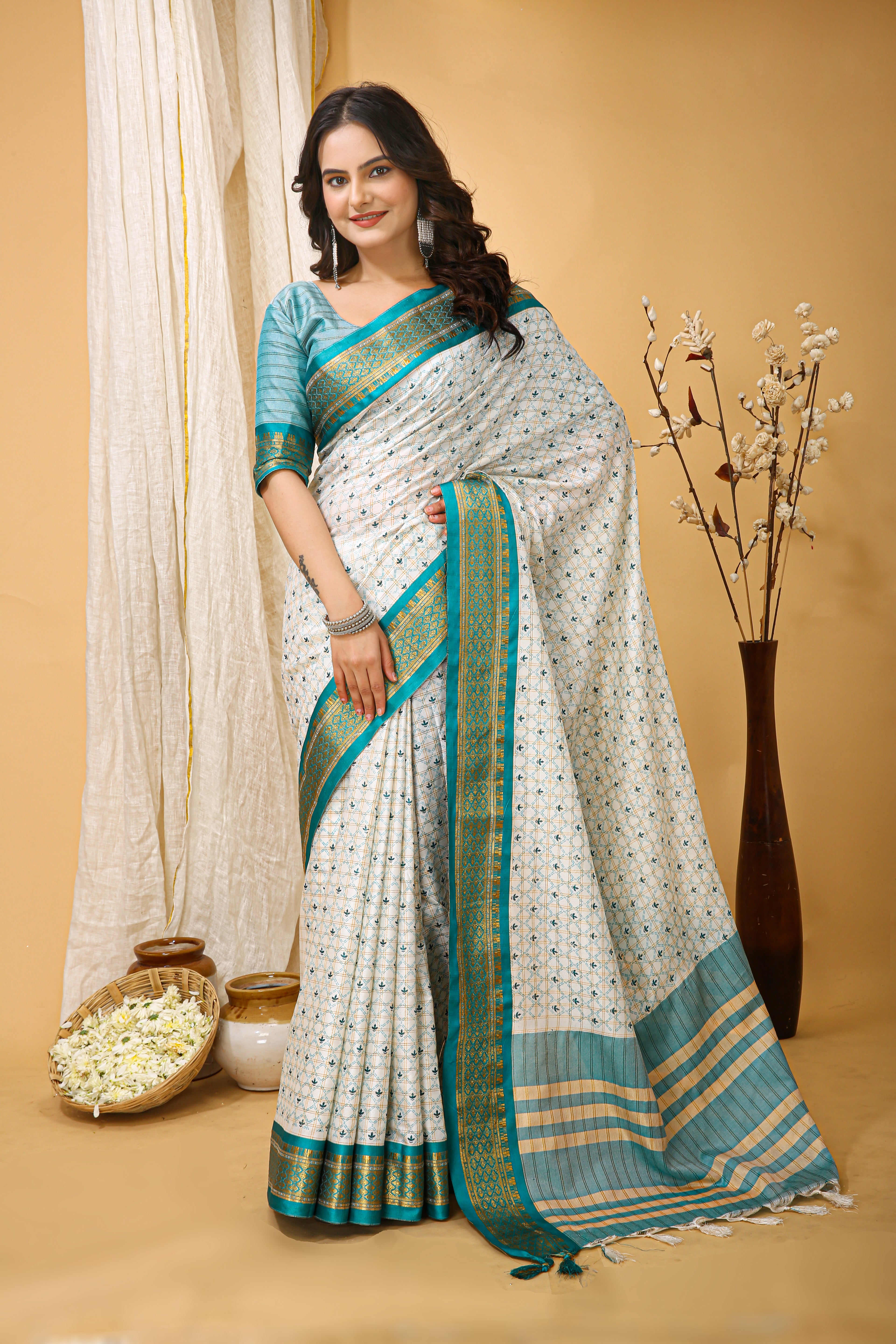 SOFT COTTON SILK CHECKS PRINTED GREEN BODERED SAREE WITH PURE ZARI WORK & BEAUTIFUL JECARD BORDER UNSTICHED BLOUSE