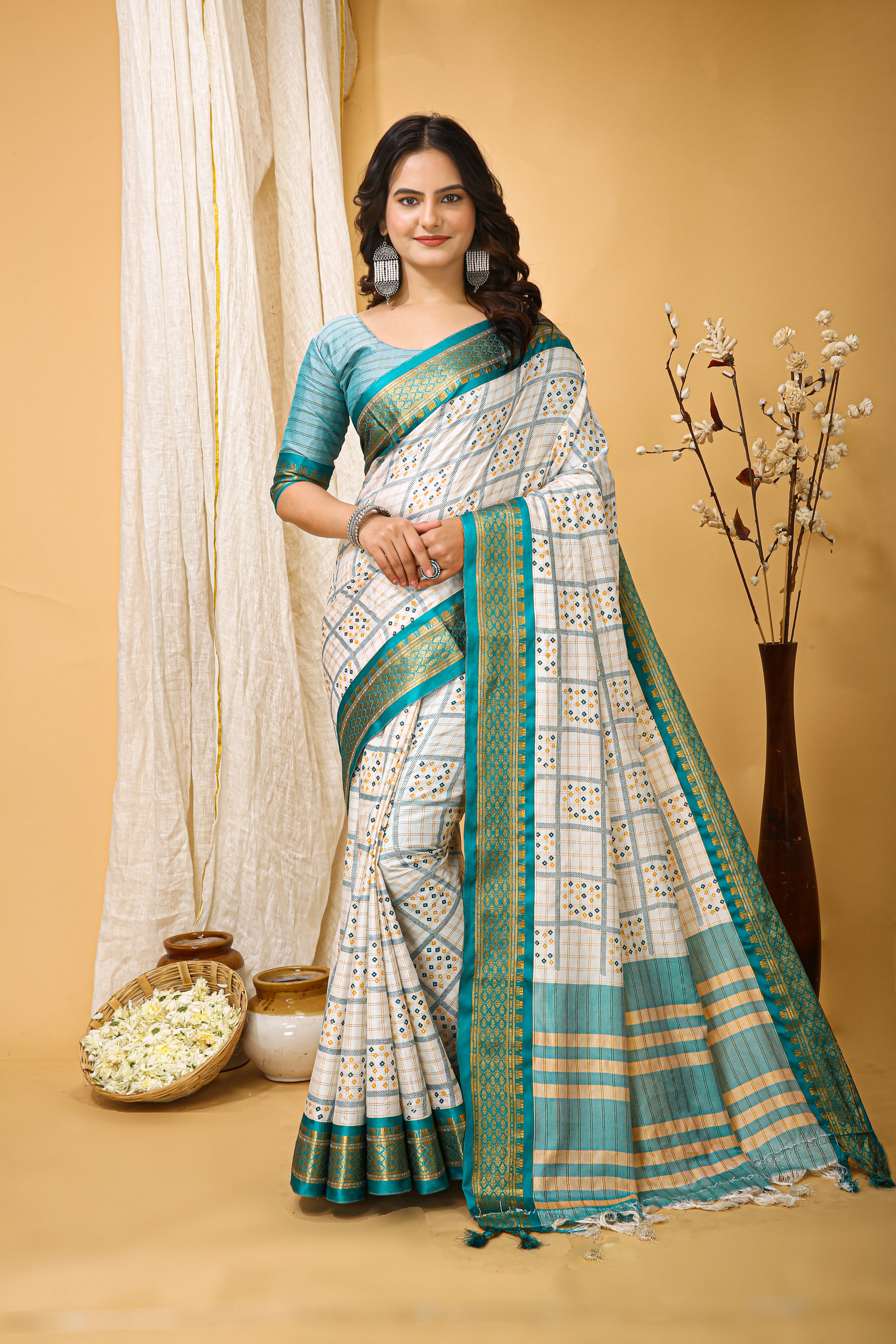 SOFT COTTON SILK BANDHEJ PRINTED GREEN BODERED SAREE WITH PURE ZARI WORK & BEAUTIFUL JECARD BORDER UNSTICHED BLOUSE