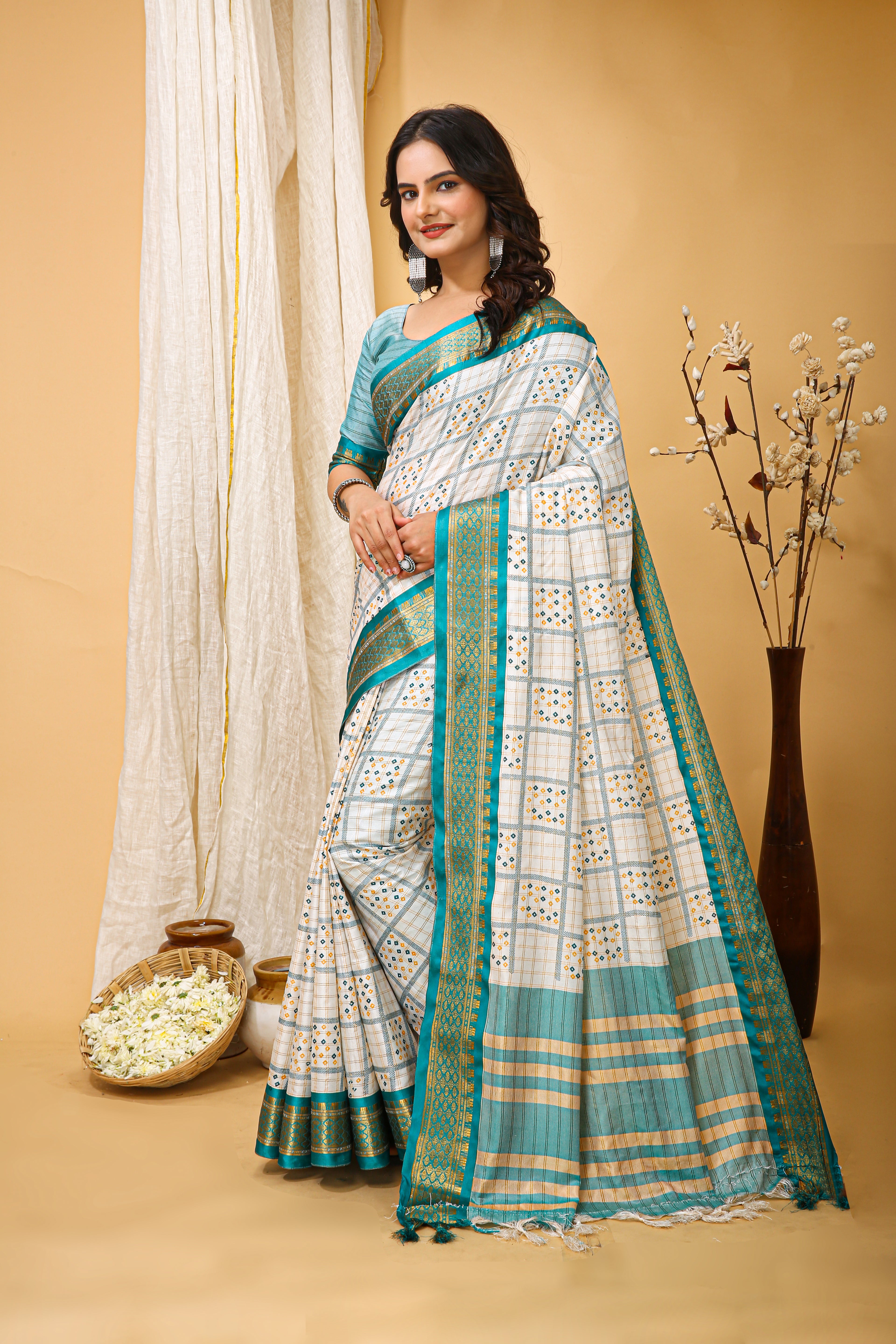 SOFT COTTON SILK BANDHEJ PRINTED GREEN BODERED SAREE WITH PURE ZARI WORK & BEAUTIFUL JECARD BORDER UNSTICHED BLOUSE