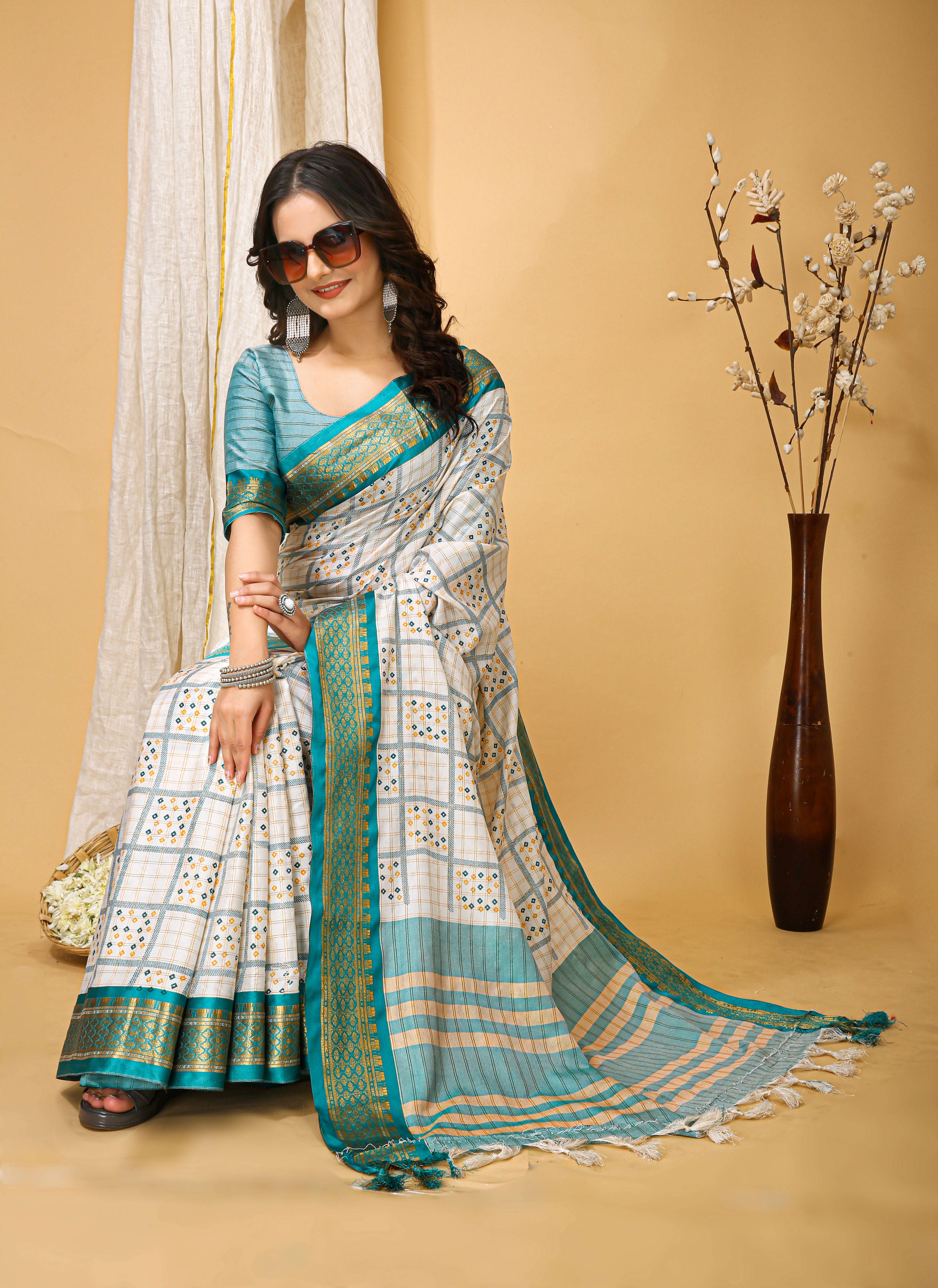 SOFT COTTON SILK BANDHEJ PRINTED GREEN BODERED SAREE WITH PURE ZARI WORK & BEAUTIFUL JECARD BORDER UNSTICHED BLOUSE