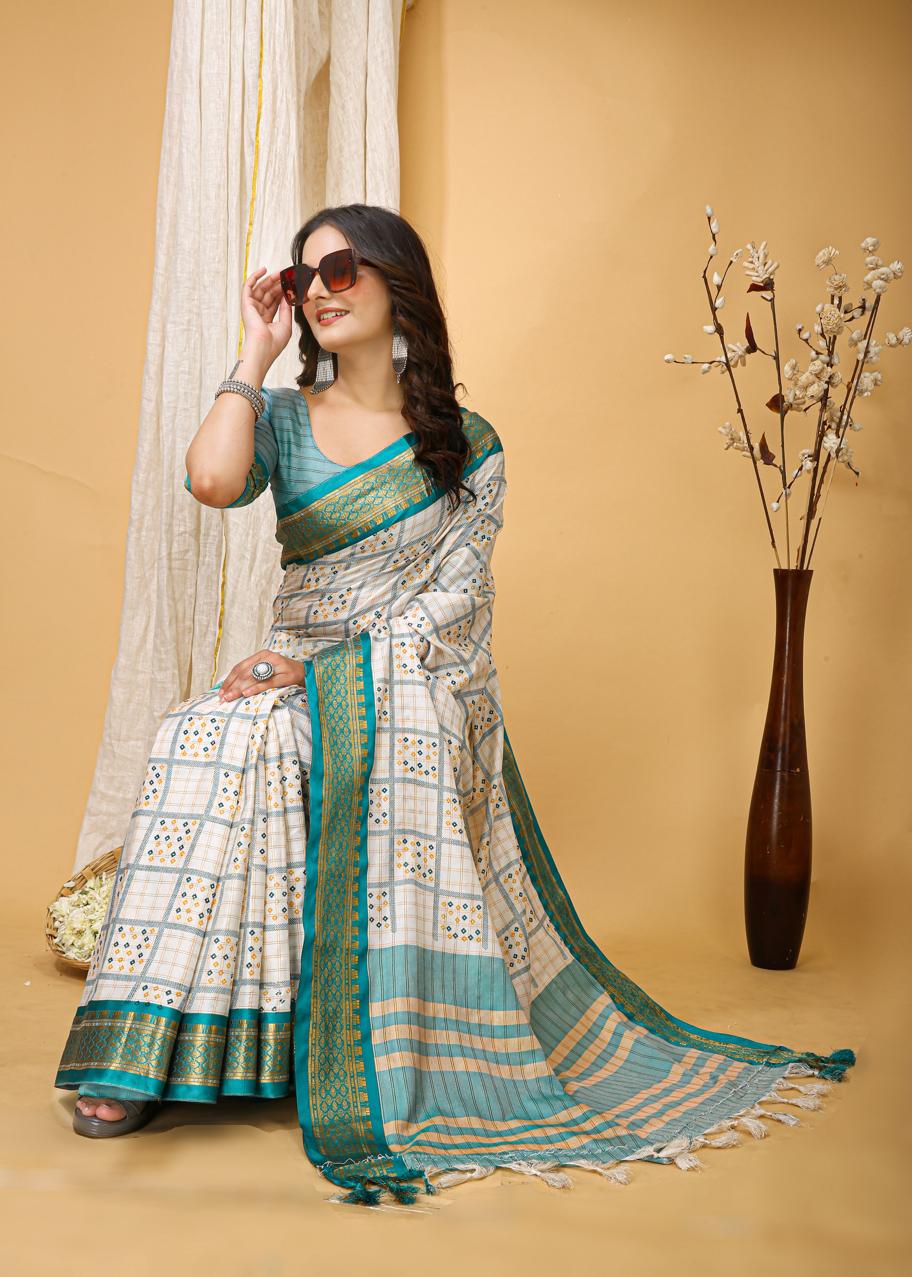 SOFT COTTON SILK BANDHEJ PRINTED GREEN BODERED SAREE WITH PURE ZARI WORK & BEAUTIFUL JECARD BORDER UNSTICHED BLOUSE