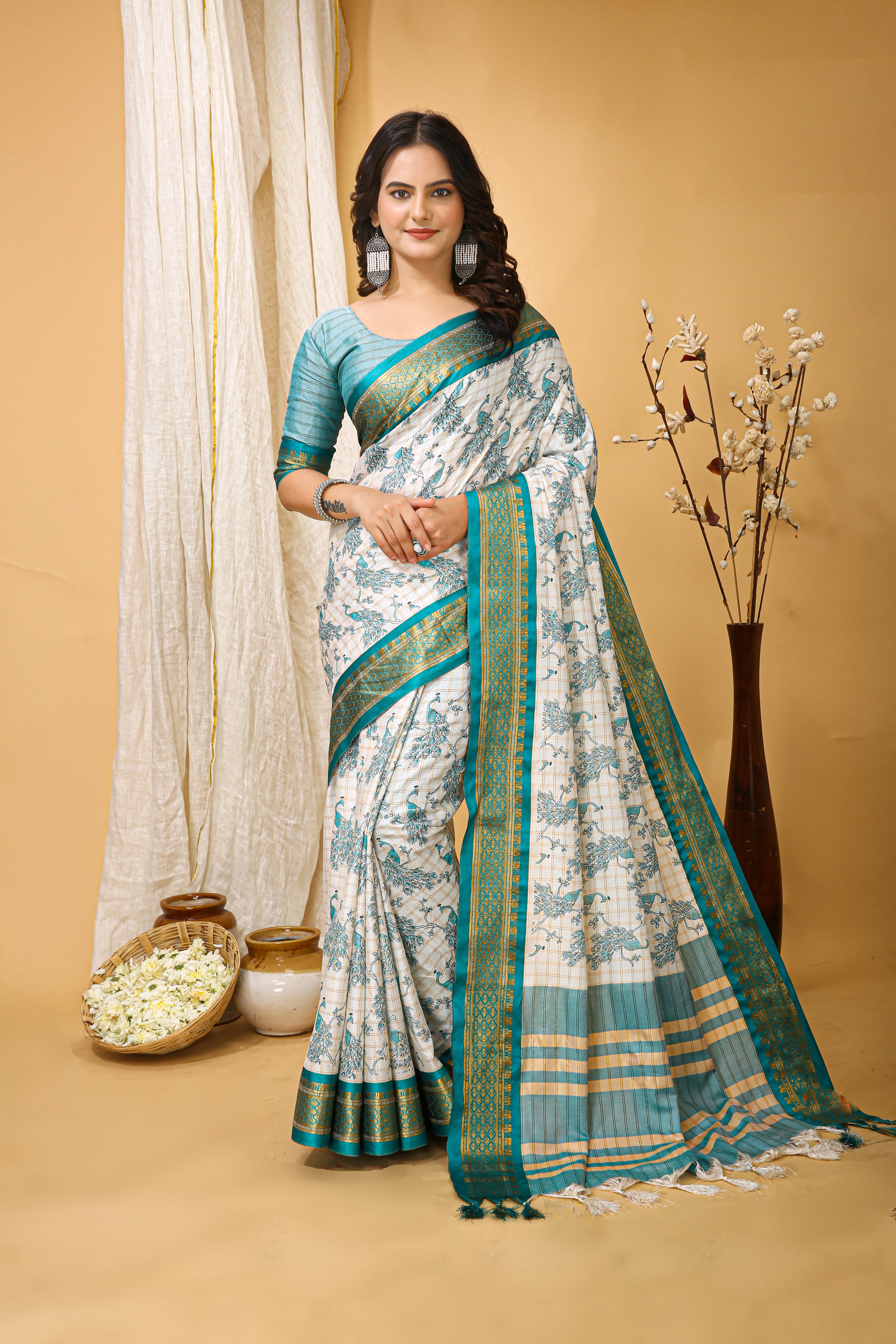 SOFT COTTON SILK PRINTED GREEN BODERED SAREE WITH PURE ZARI WORK & BEAUTIFUL JECARD BORDER UNSTICHED BLOUSE