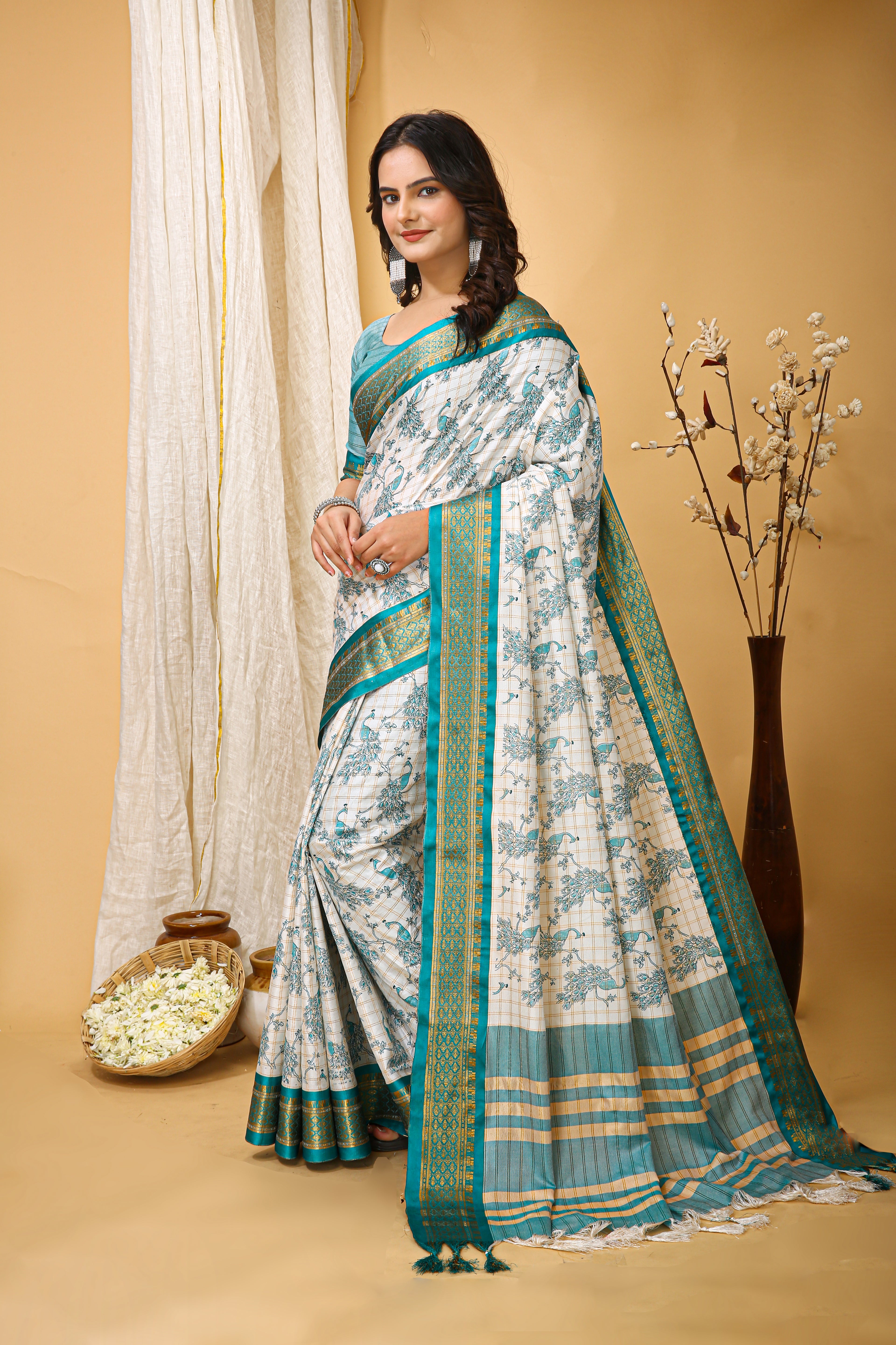 SOFT COTTON SILK PRINTED GREEN BODERED SAREE WITH PURE ZARI WORK & BEAUTIFUL JECARD BORDER UNSTICHED BLOUSE