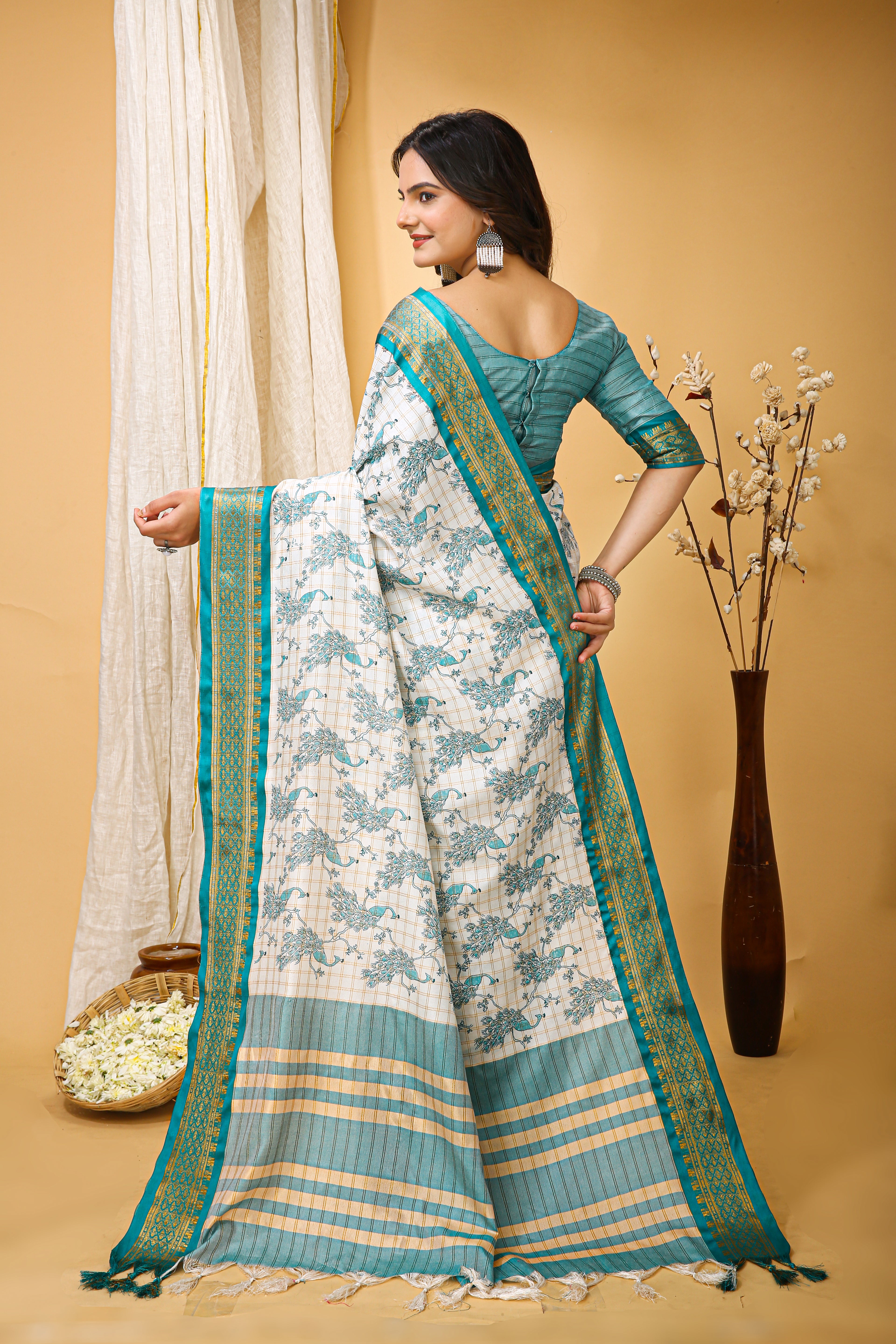 SOFT COTTON SILK PRINTED GREEN BODERED SAREE WITH PURE ZARI WORK & BEAUTIFUL JECARD BORDER UNSTICHED BLOUSE