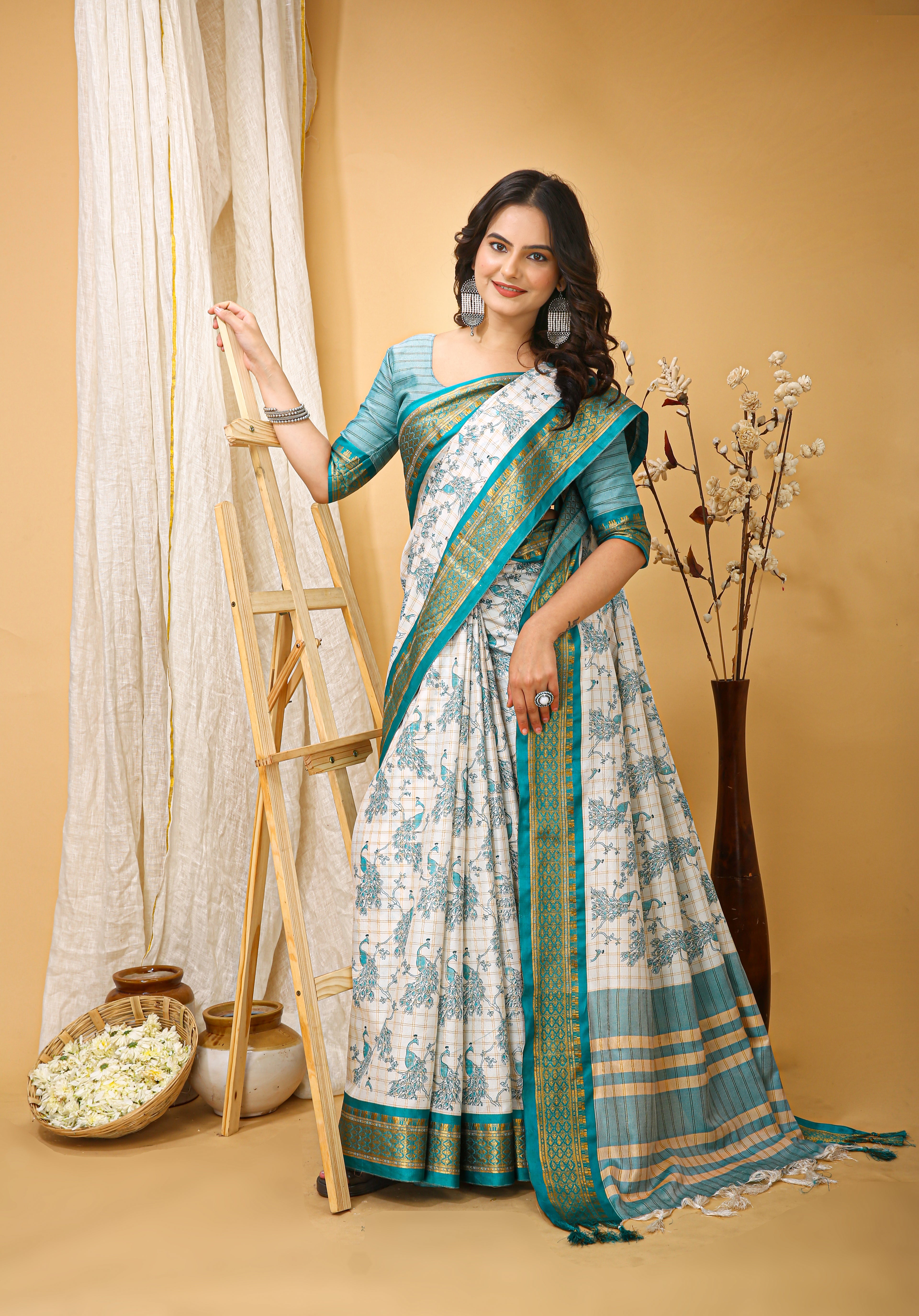 SOFT COTTON SILK PRINTED GREEN BODERED SAREE WITH PURE ZARI WORK & BEAUTIFUL JECARD BORDER UNSTICHED BLOUSE