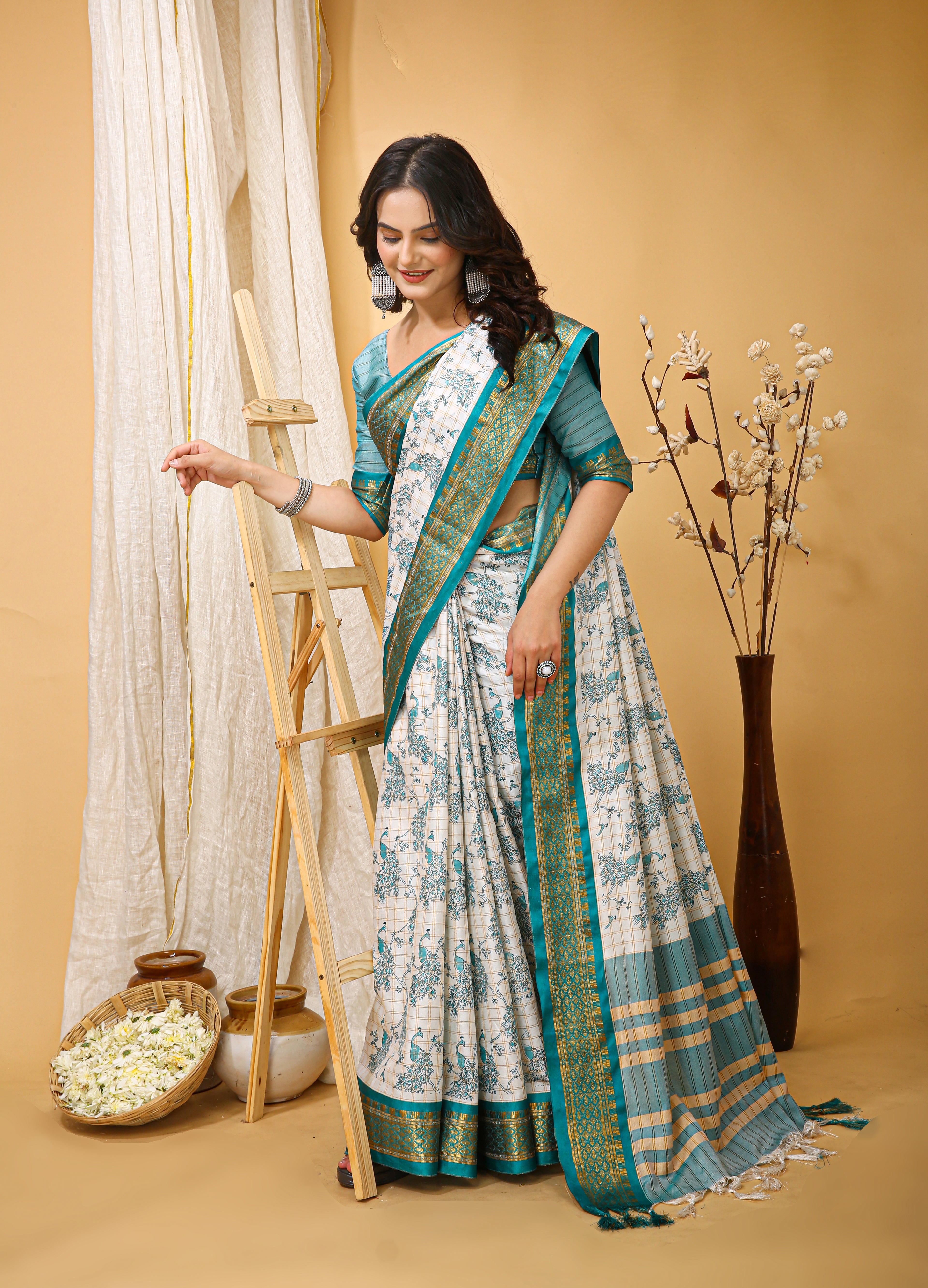 SOFT COTTON SILK PRINTED GREEN BODERED SAREE WITH PURE ZARI WORK & BEAUTIFUL JECARD BORDER UNSTICHED BLOUSE