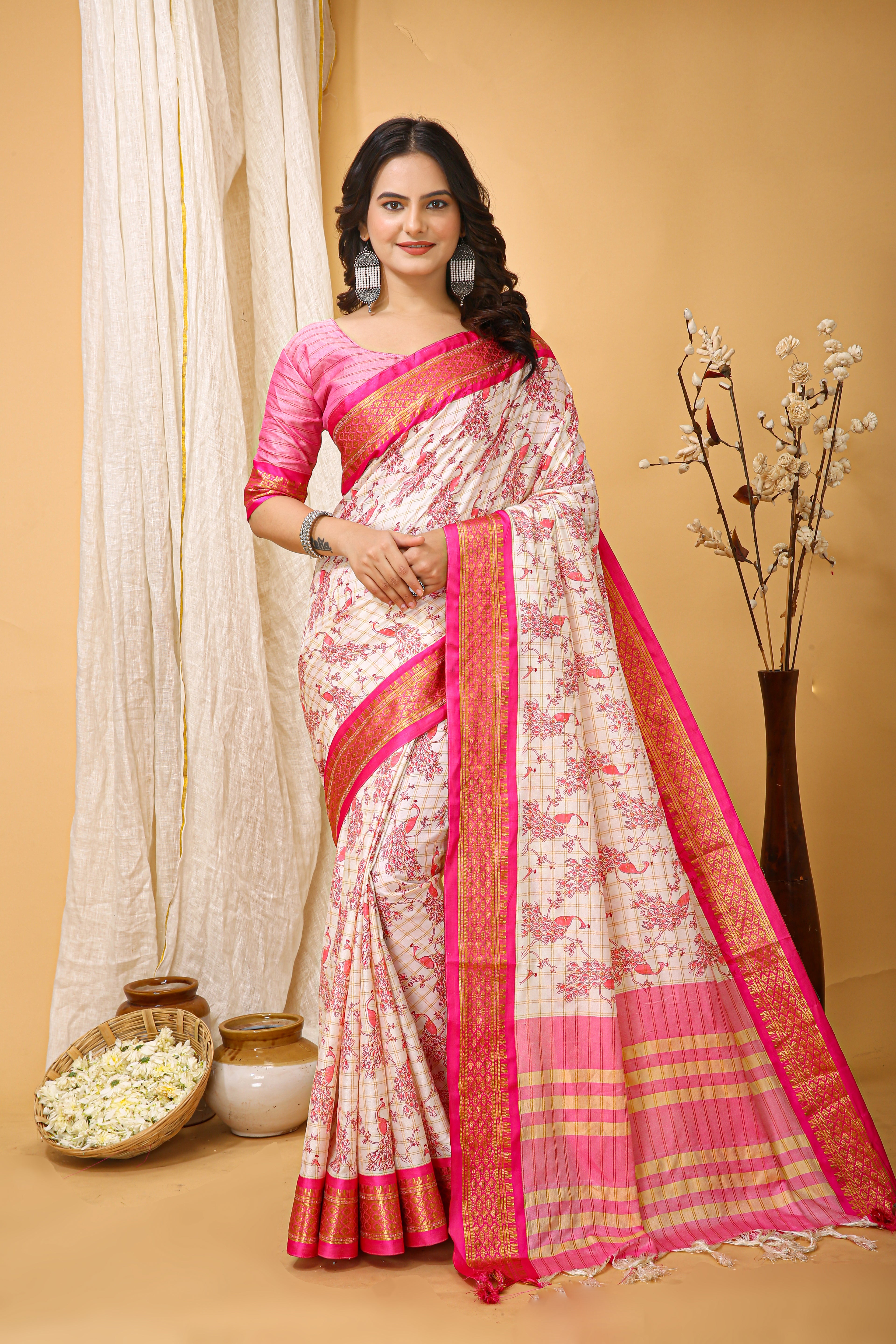 SOFT COTTON SILK PRINTED PINK BODERED SAREE WITH PURE ZARI WORK & BEAUTIFUL JECARD BORDER UNSTICHED BLOUSE