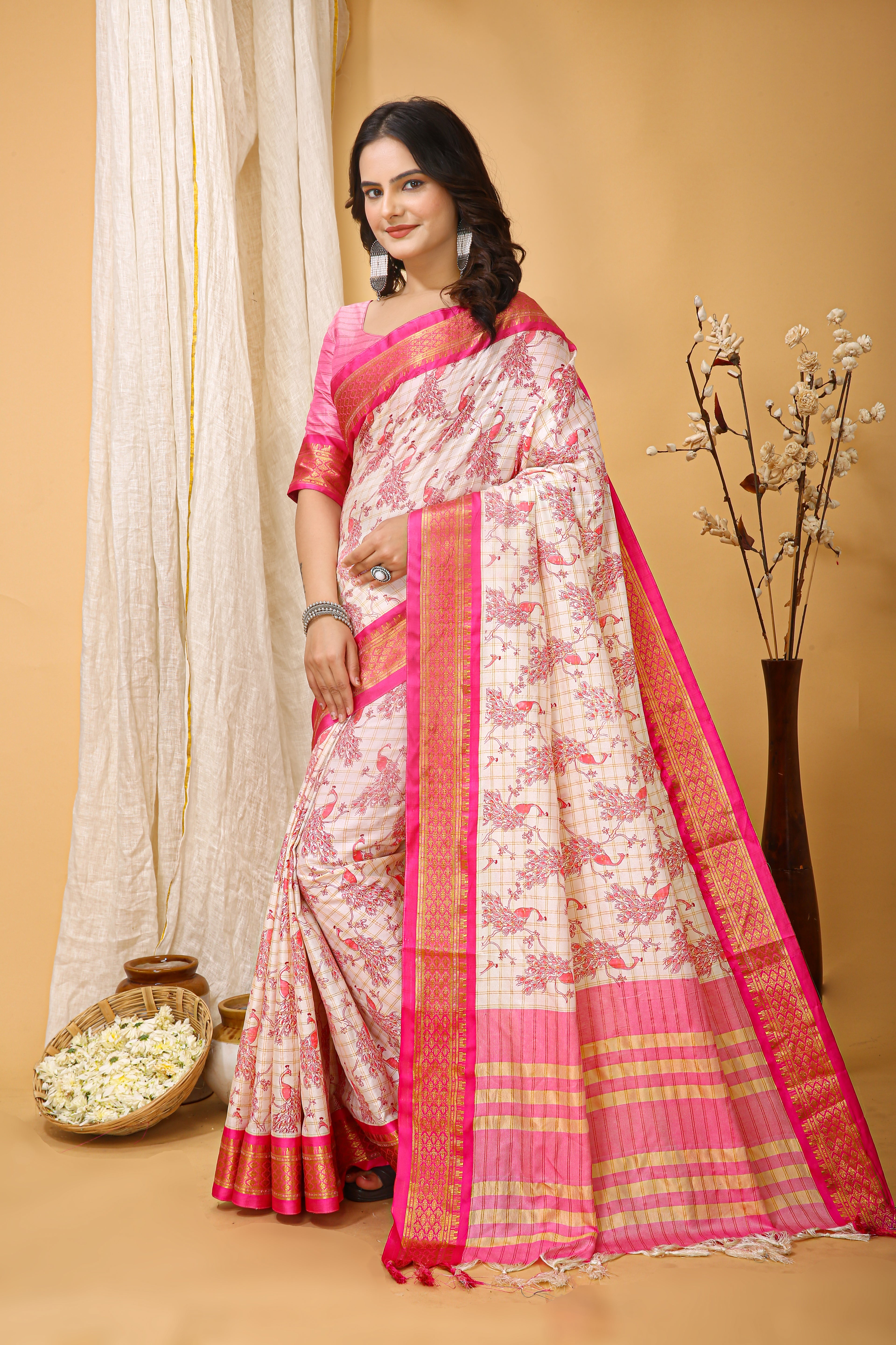 SOFT COTTON SILK PRINTED PINK BODERED SAREE WITH PURE ZARI WORK & BEAUTIFUL JECARD BORDER UNSTICHED BLOUSE