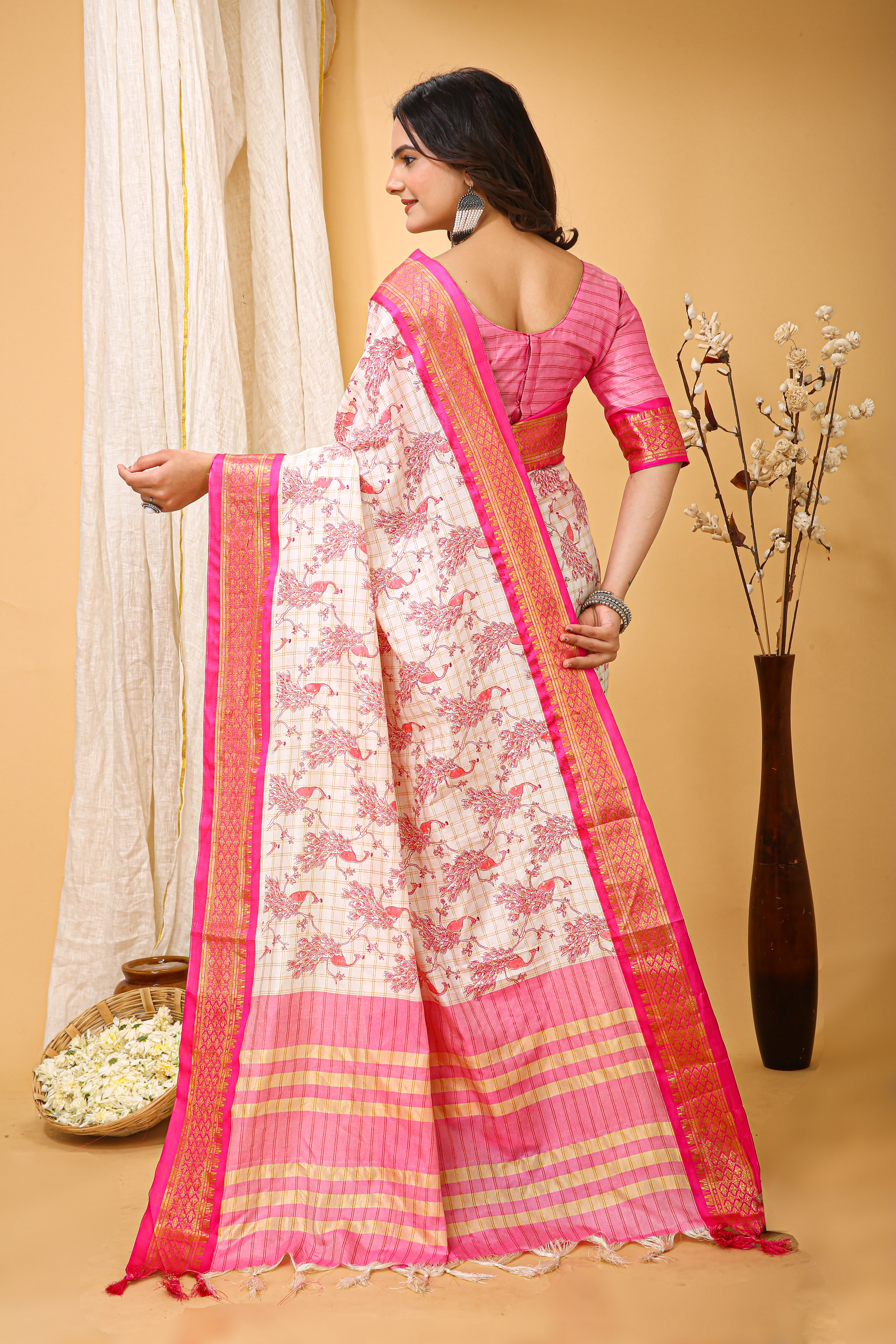 SOFT COTTON SILK PRINTED PINK BODERED SAREE WITH PURE ZARI WORK & BEAUTIFUL JECARD BORDER UNSTICHED BLOUSE