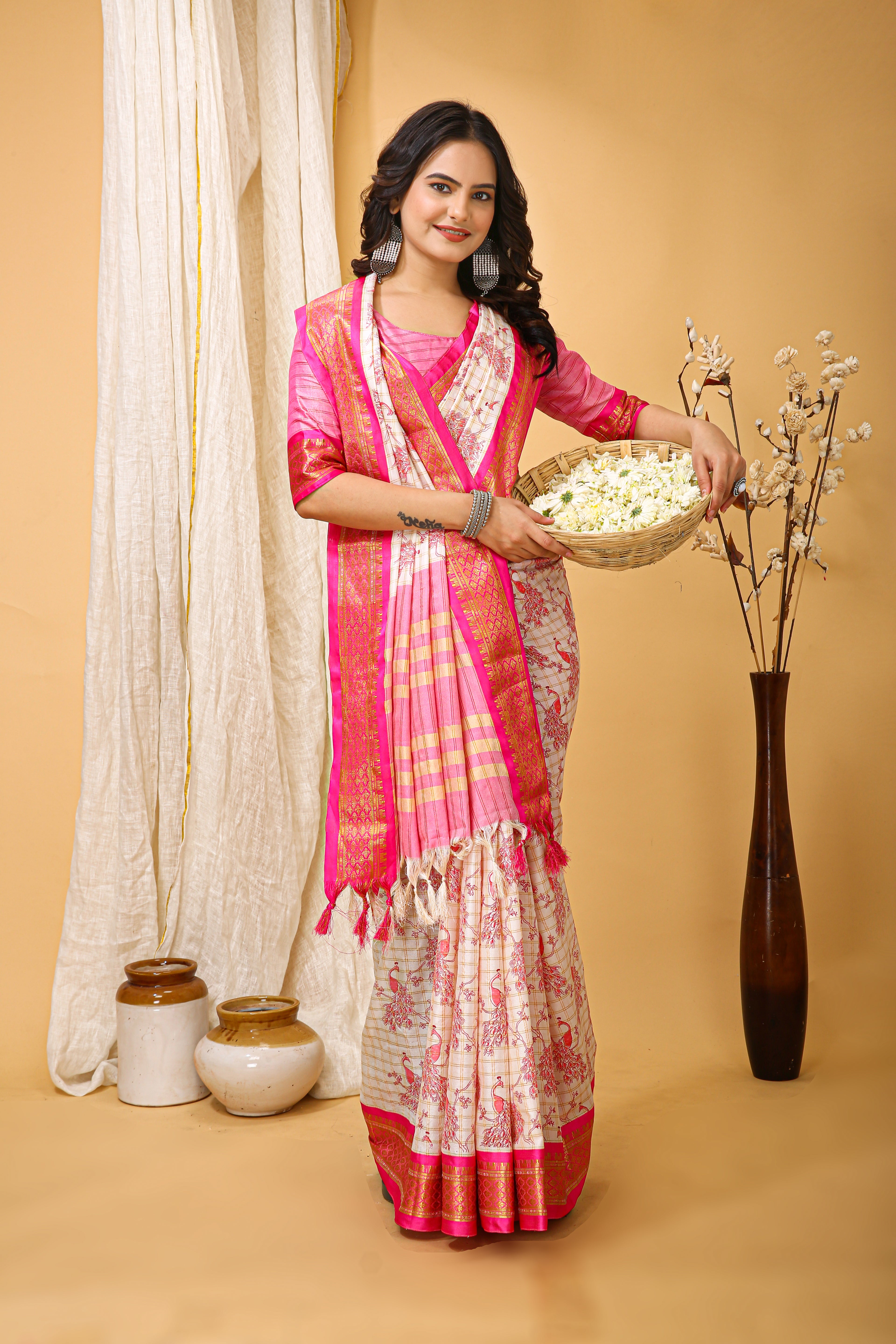 SOFT COTTON SILK PRINTED PINK BODERED SAREE WITH PURE ZARI WORK & BEAUTIFUL JECARD BORDER UNSTICHED BLOUSE