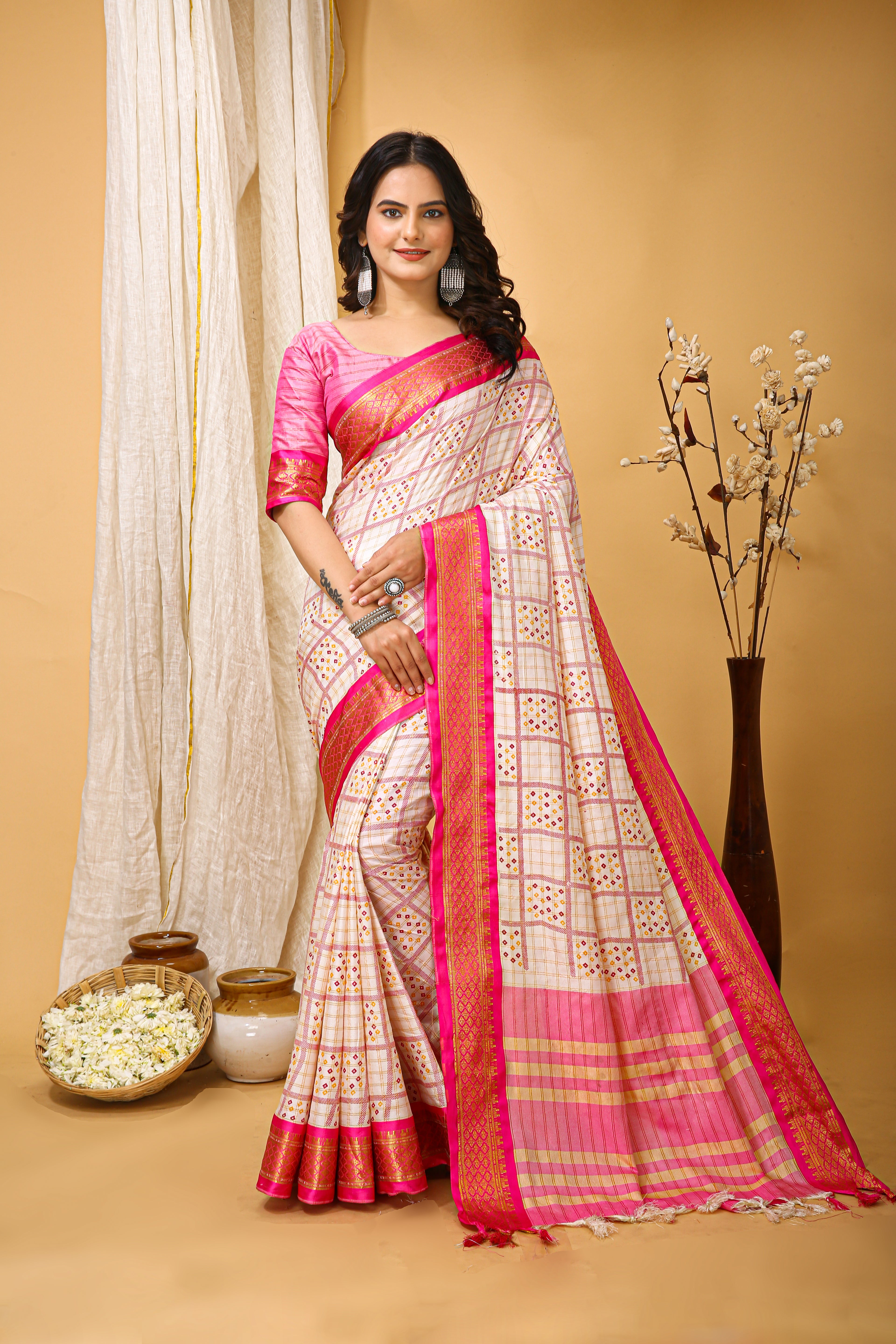 SOFT COTTON SILK BANDHEJ PRINTED PINK BODERED SAREE WITH PURE ZARI WORK & BEAUTIFUL JECARD BORDER UNSTICHED BLOUSE