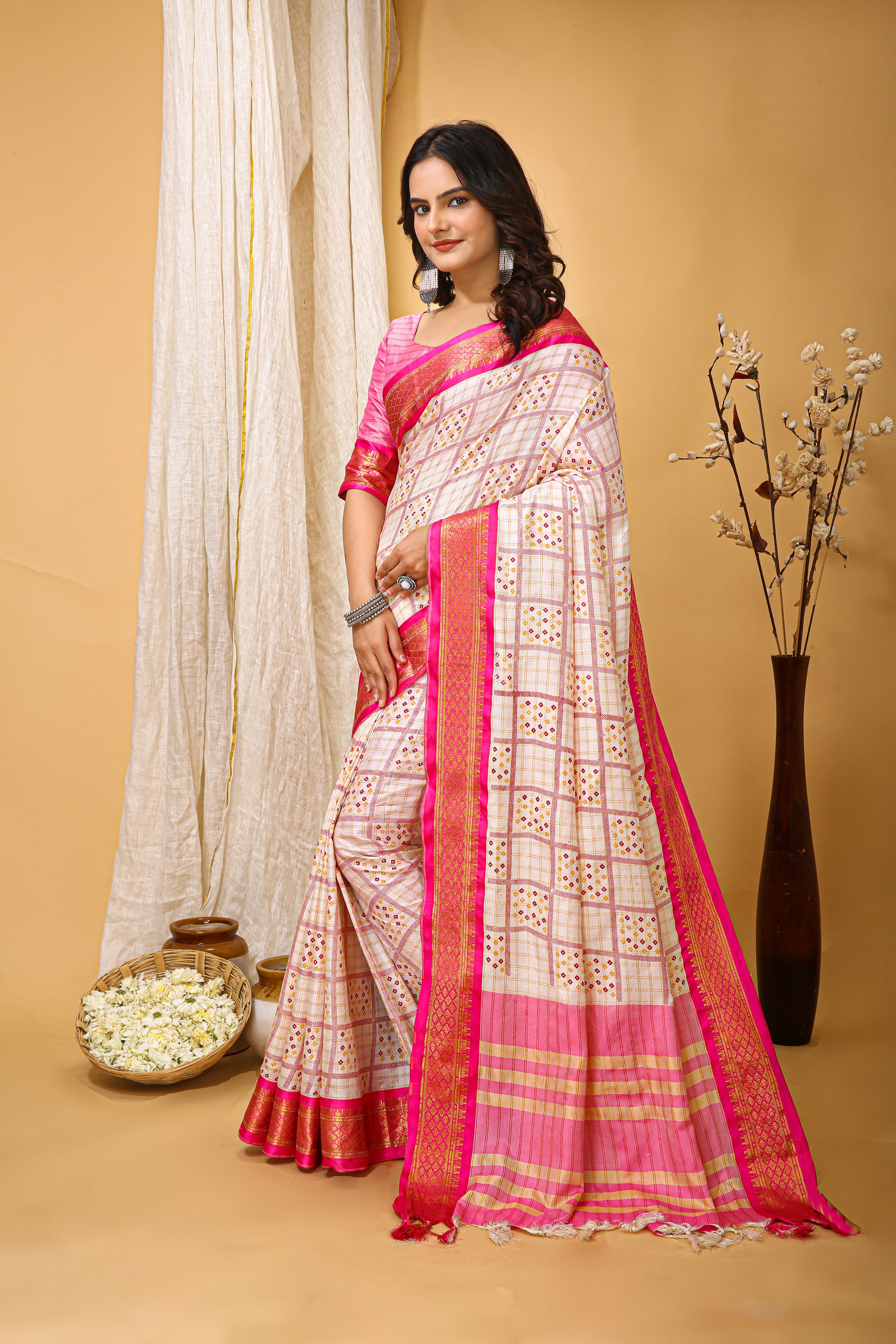 SOFT COTTON SILK BANDHEJ PRINTED PINK BODERED SAREE WITH PURE ZARI WORK & BEAUTIFUL JECARD BORDER UNSTICHED BLOUSE