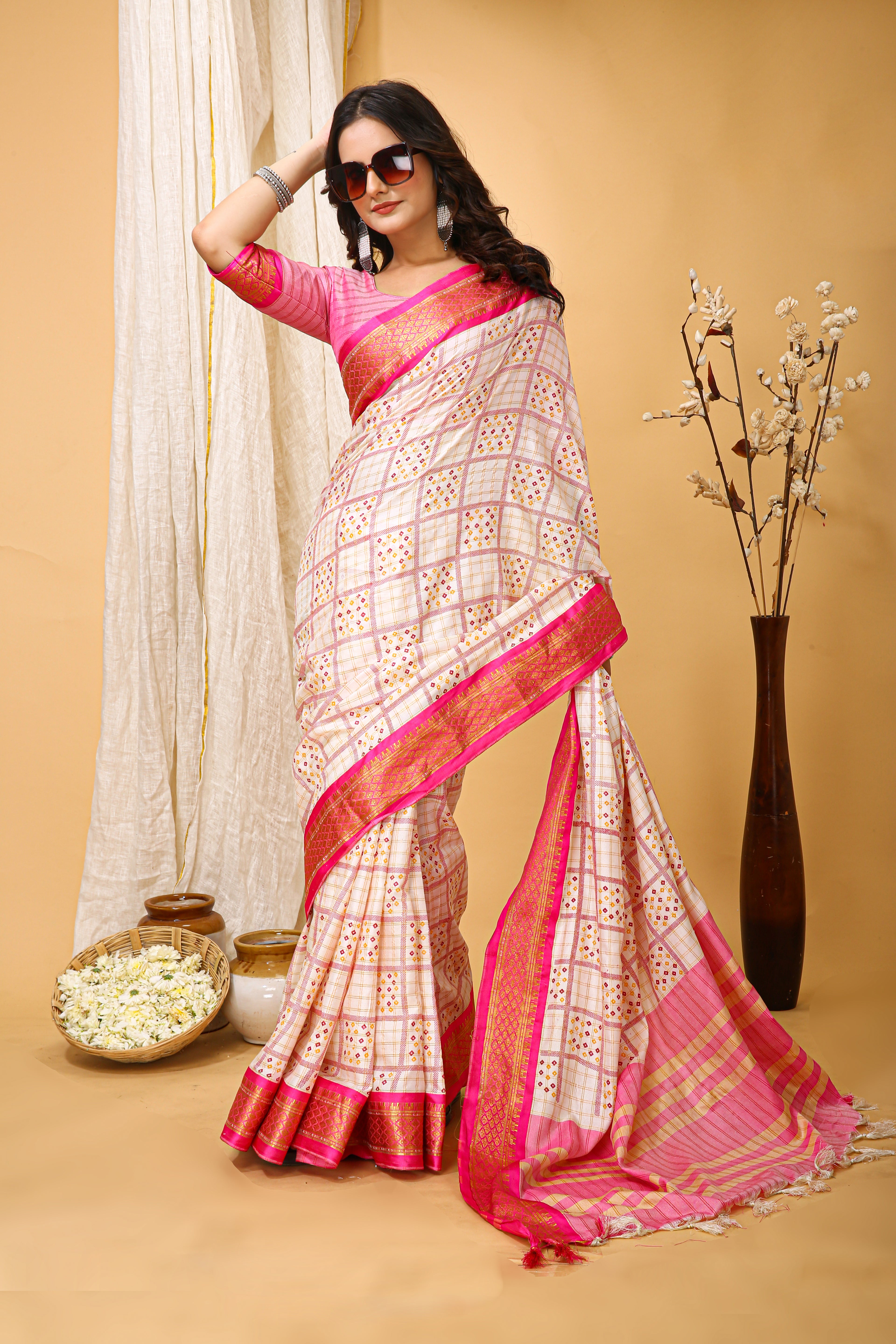 SOFT COTTON SILK BANDHEJ PRINTED PINK BODERED SAREE WITH PURE ZARI WORK & BEAUTIFUL JECARD BORDER UNSTICHED BLOUSE