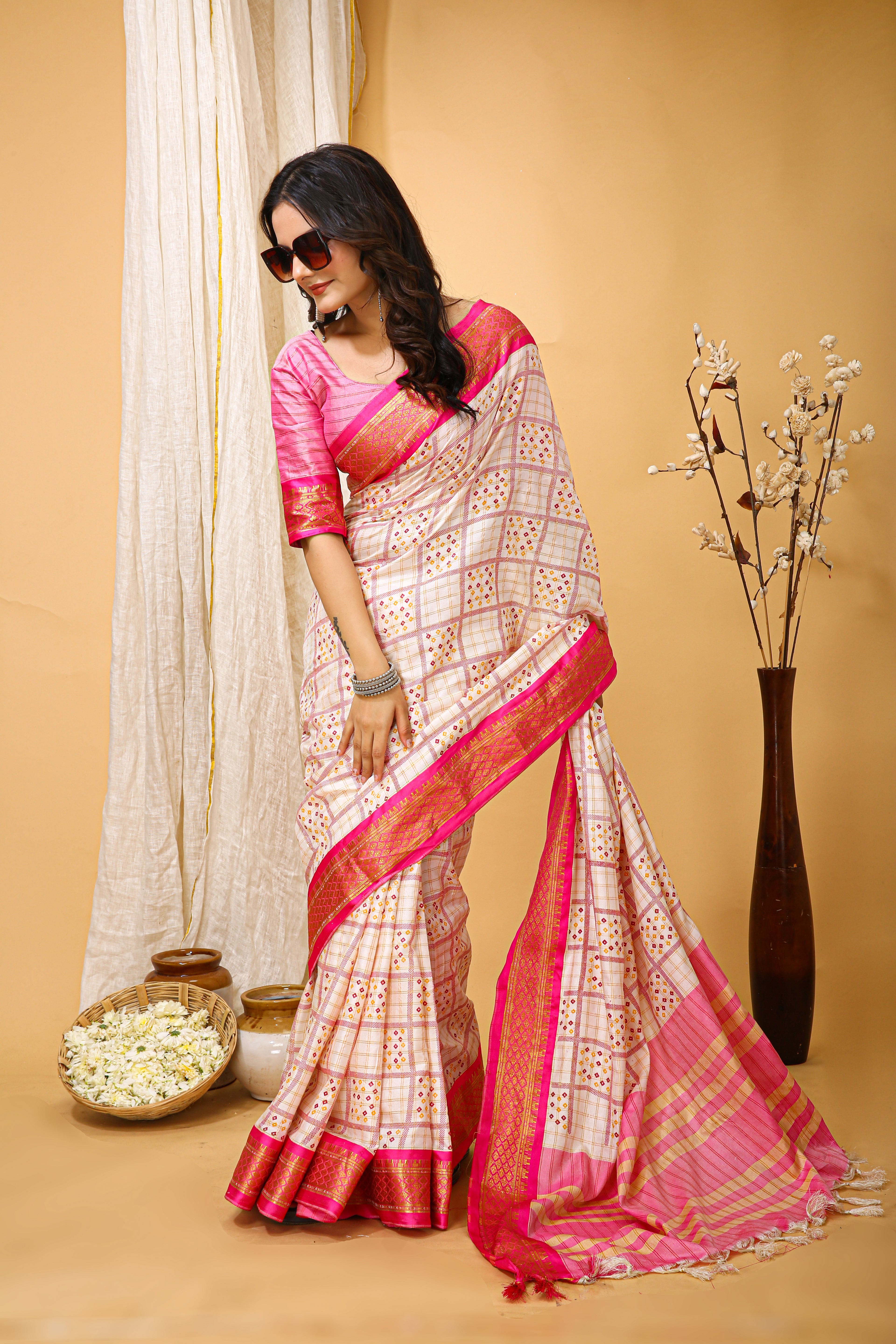 SOFT COTTON SILK BANDHEJ PRINTED PINK BODERED SAREE WITH PURE ZARI WORK & BEAUTIFUL JECARD BORDER UNSTICHED BLOUSE